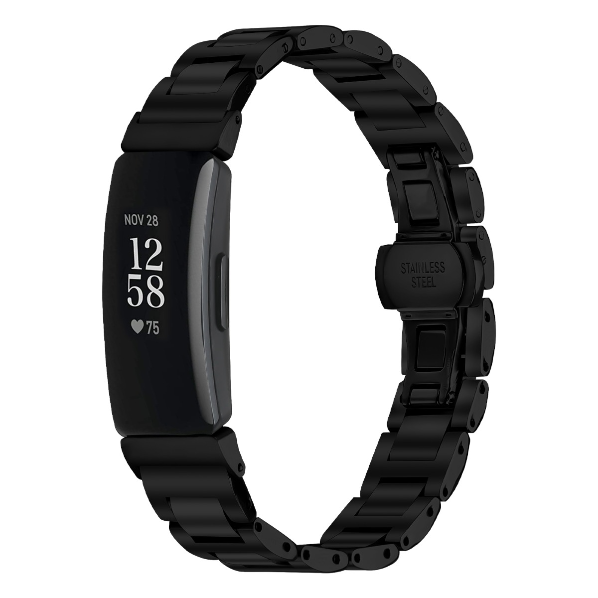 Schwarzer Fitnesstracker mit Metallband. Der Bildschirm zeigt Uhrzeit und Datum. Das Band ist aus Edelstahl.