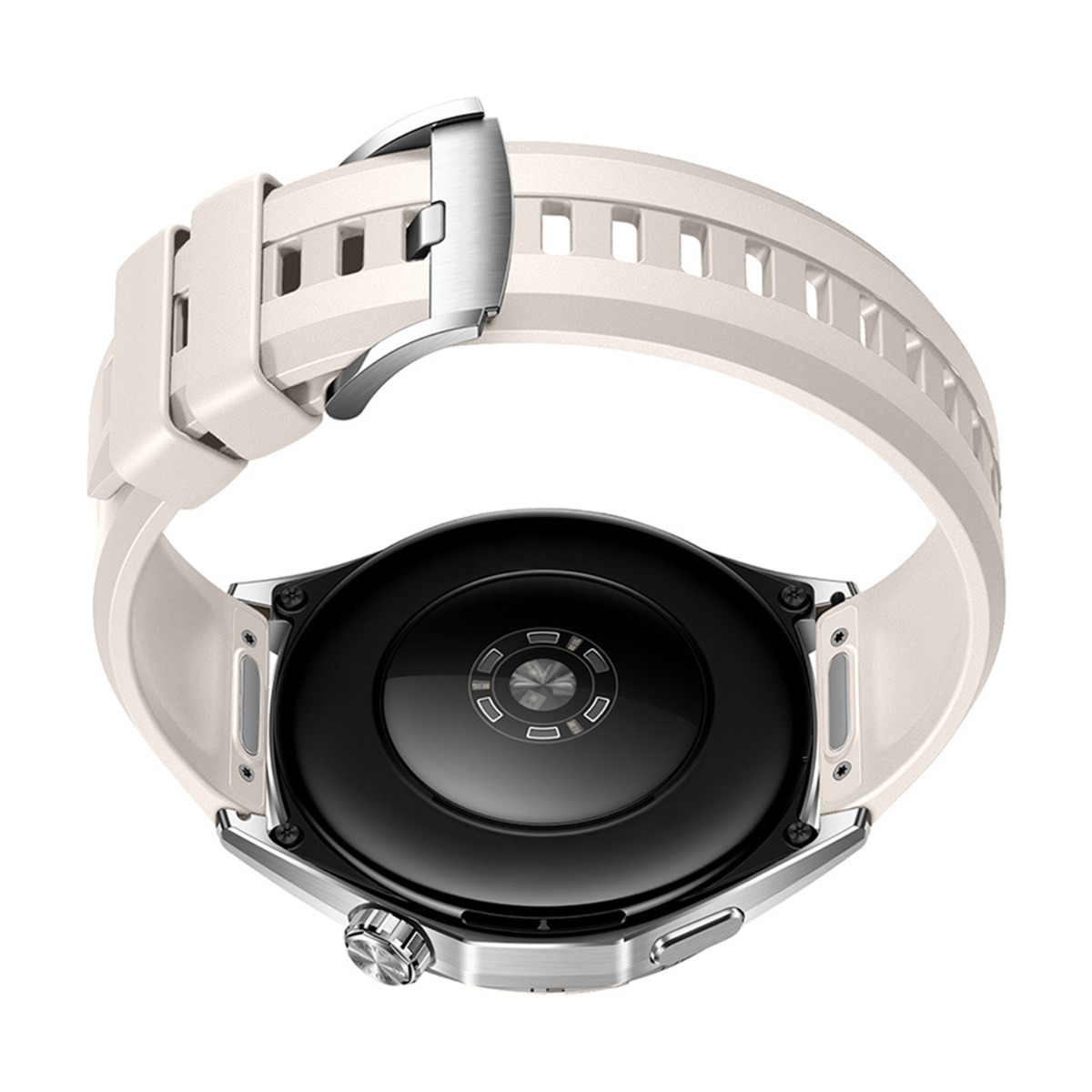 Nahaufnahme einer Smartwatch, die Rückseite und das Armband zeigend. Die Uhr hat ein schwarzes Zifferblatt mit silberner Lünette und cremefarbenem Armband.