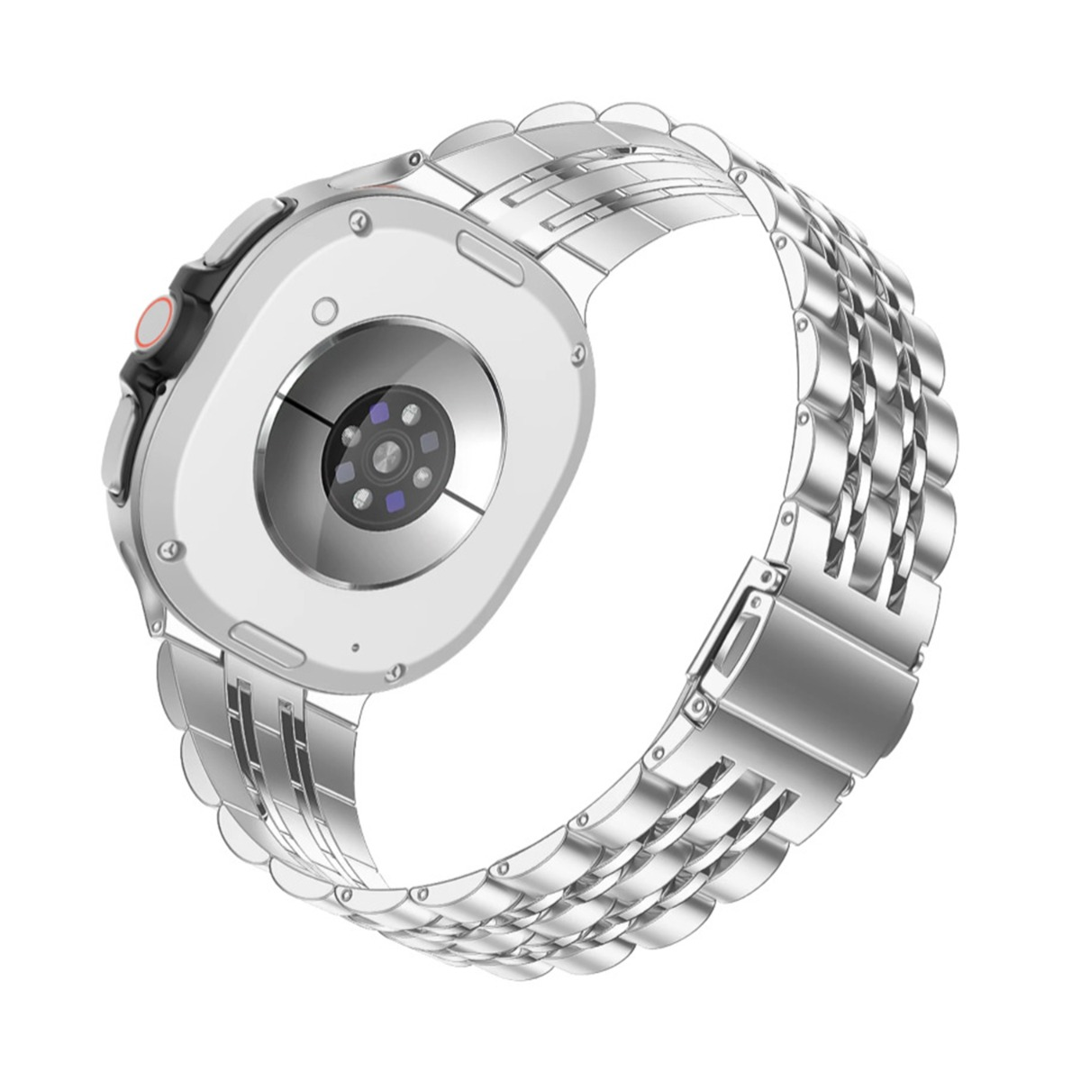 Uno smartwatch argentato con cinturino in metallo è mostrato su sfondo bianco. Il quadrante è visibile, mostrando sensori e dettagli.