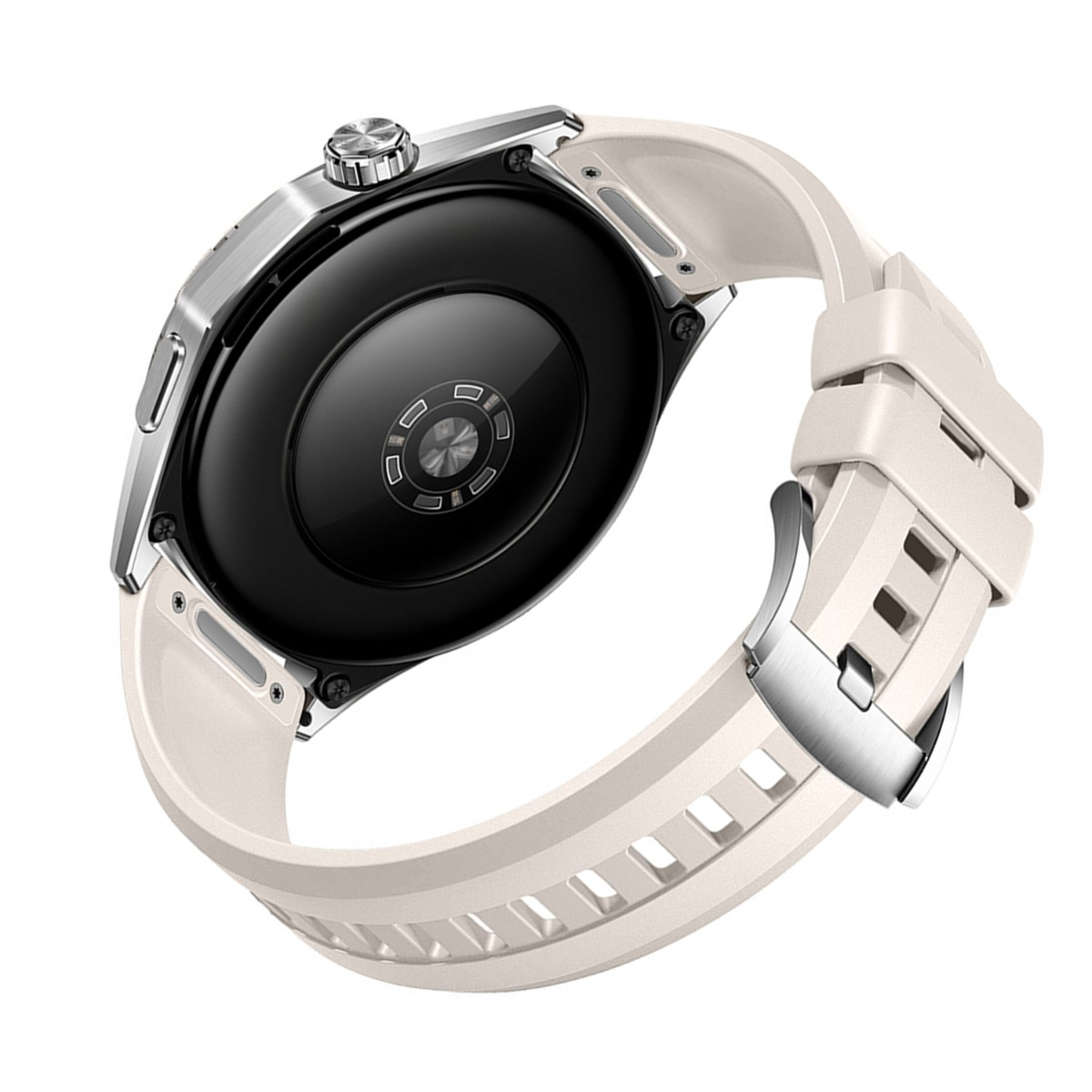 Nahaufnahme einer Smartwatch, die die Unterseite der Uhr mit einem schwarzen Sensor und einem cremefarbenen Armband zeigt.