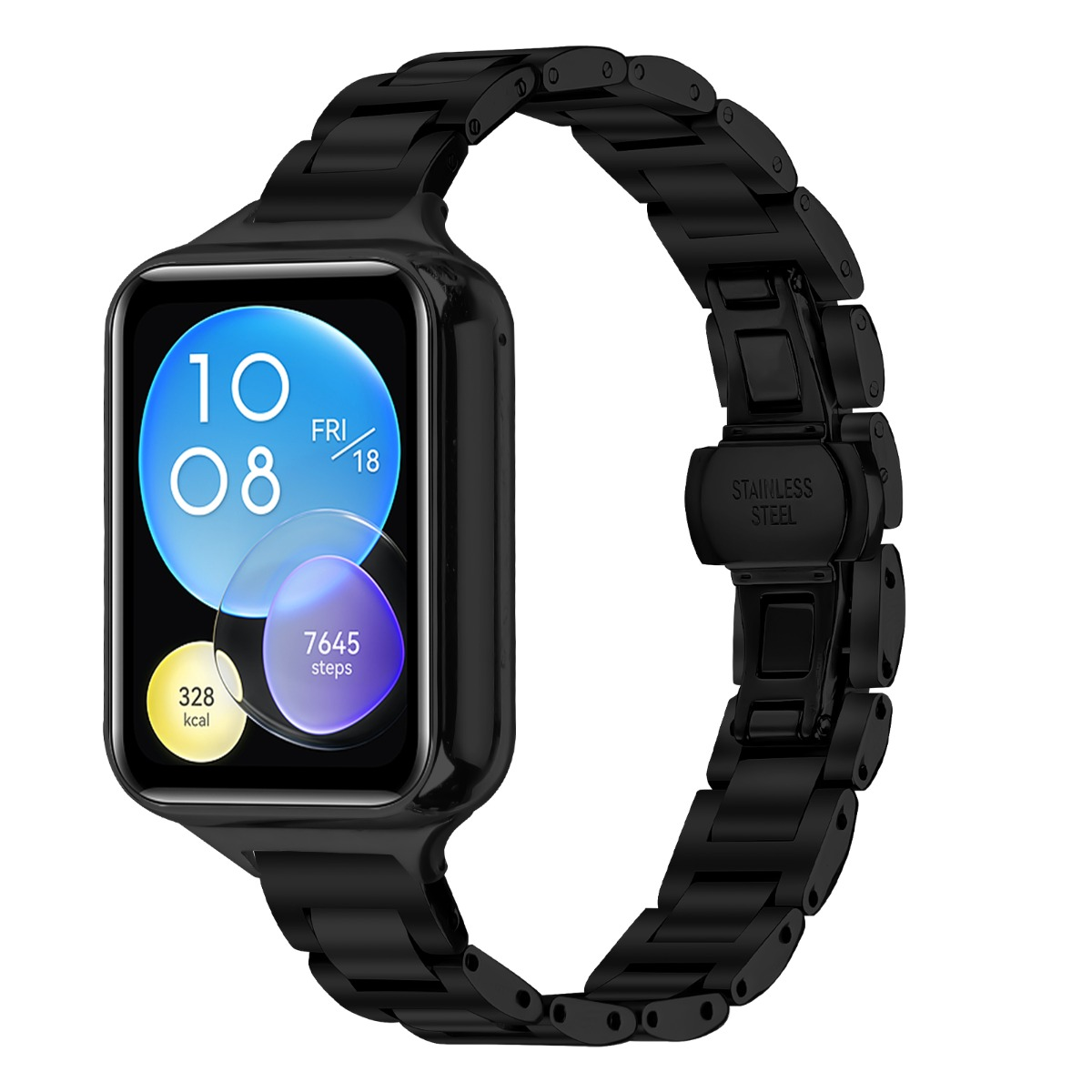 Un reloj inteligente negro muestra la fecha y métricas de salud. La correa también es negra y está etiquetada como 'STAINLESS STEEL'.