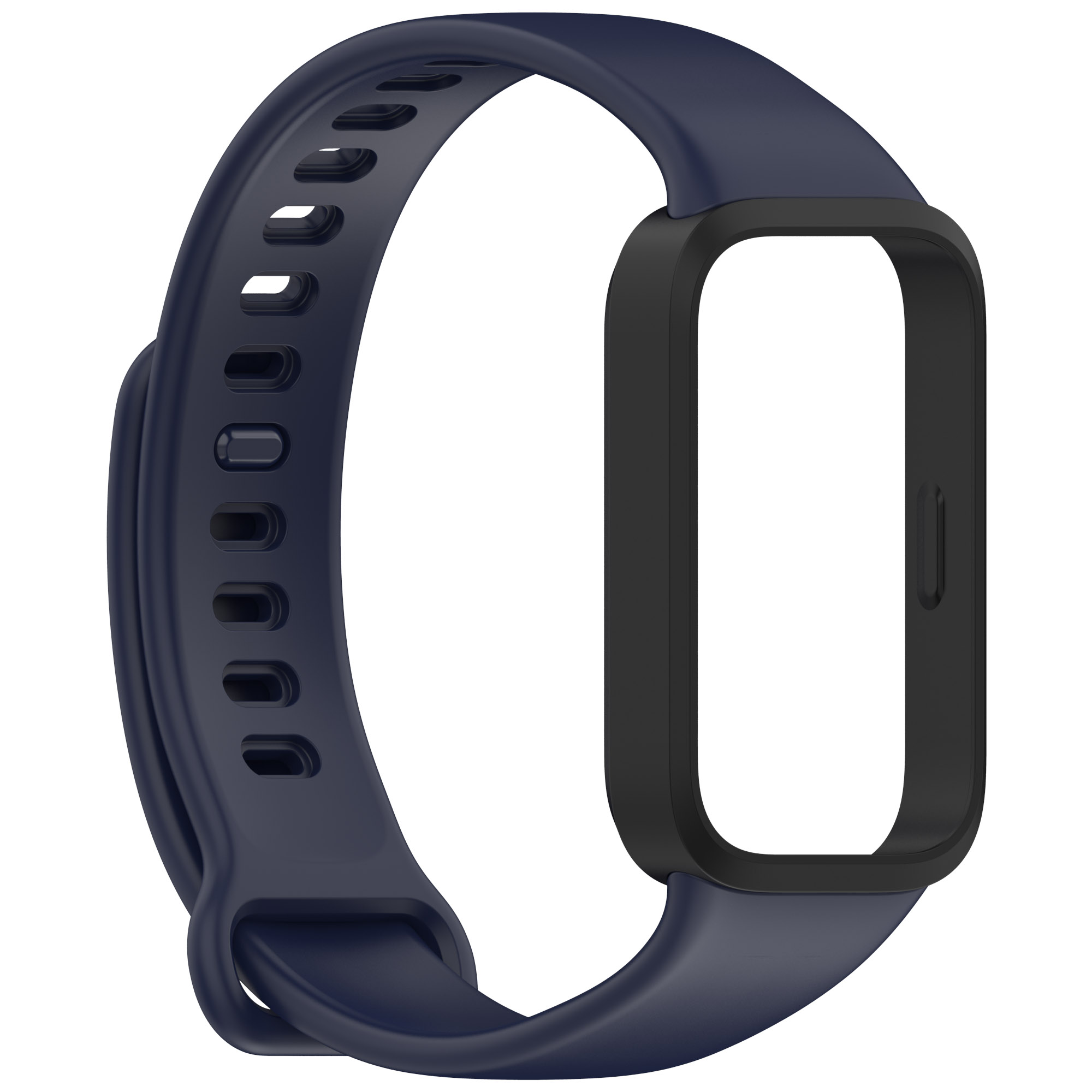 Correa de reloj inteligente azul oscuro con marco rectangular negro. La correa tiene agujeros para ajustar, sobre fondo blanco.