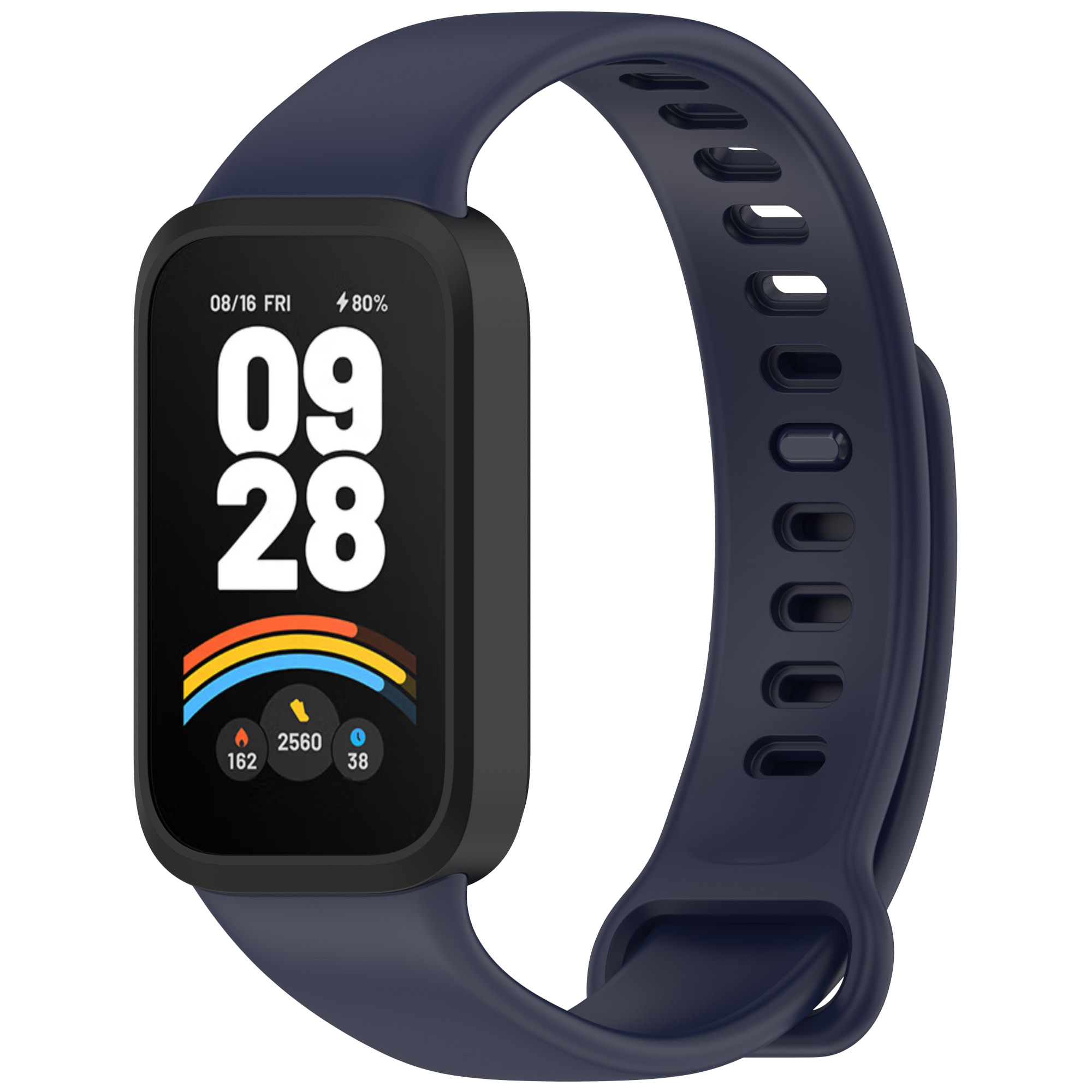 Un reloj inteligente azul oscuro con una pantalla negra que muestra la hora y datos de actividad. La correa también es azul oscuro.