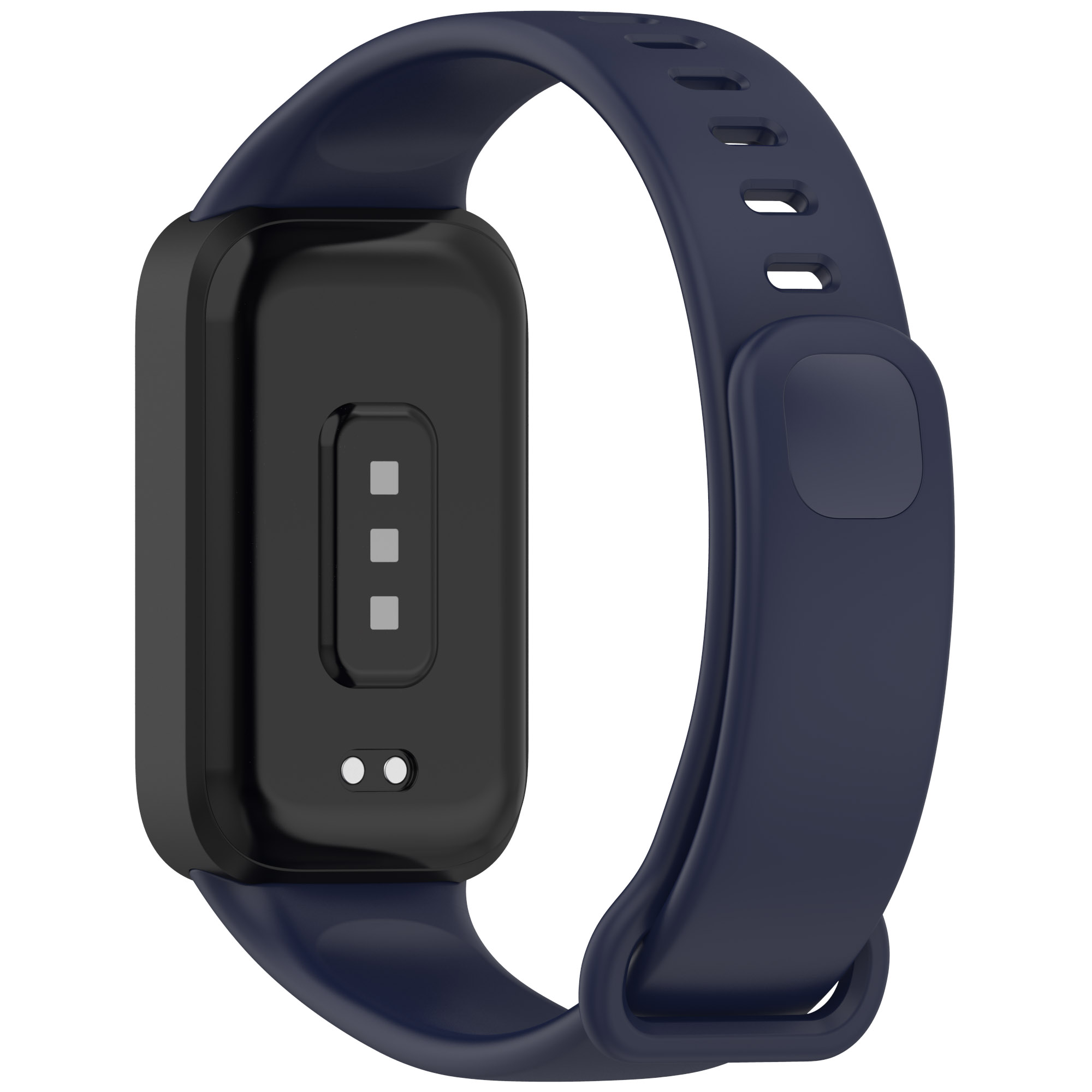 Un reloj inteligente azul marino. El reloj tiene una pantalla negra con tres cuadrados grises y dos puntos blancos.