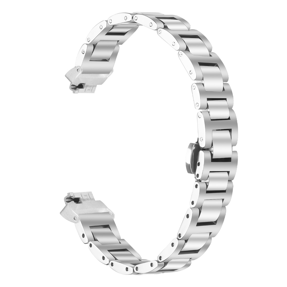 Ein gebogenes, silberfarbenes Uhrenarmband vor weißem Hintergrund. Es besteht aus verbundenen Metallgliedern mit Verschlüssen an den Enden.