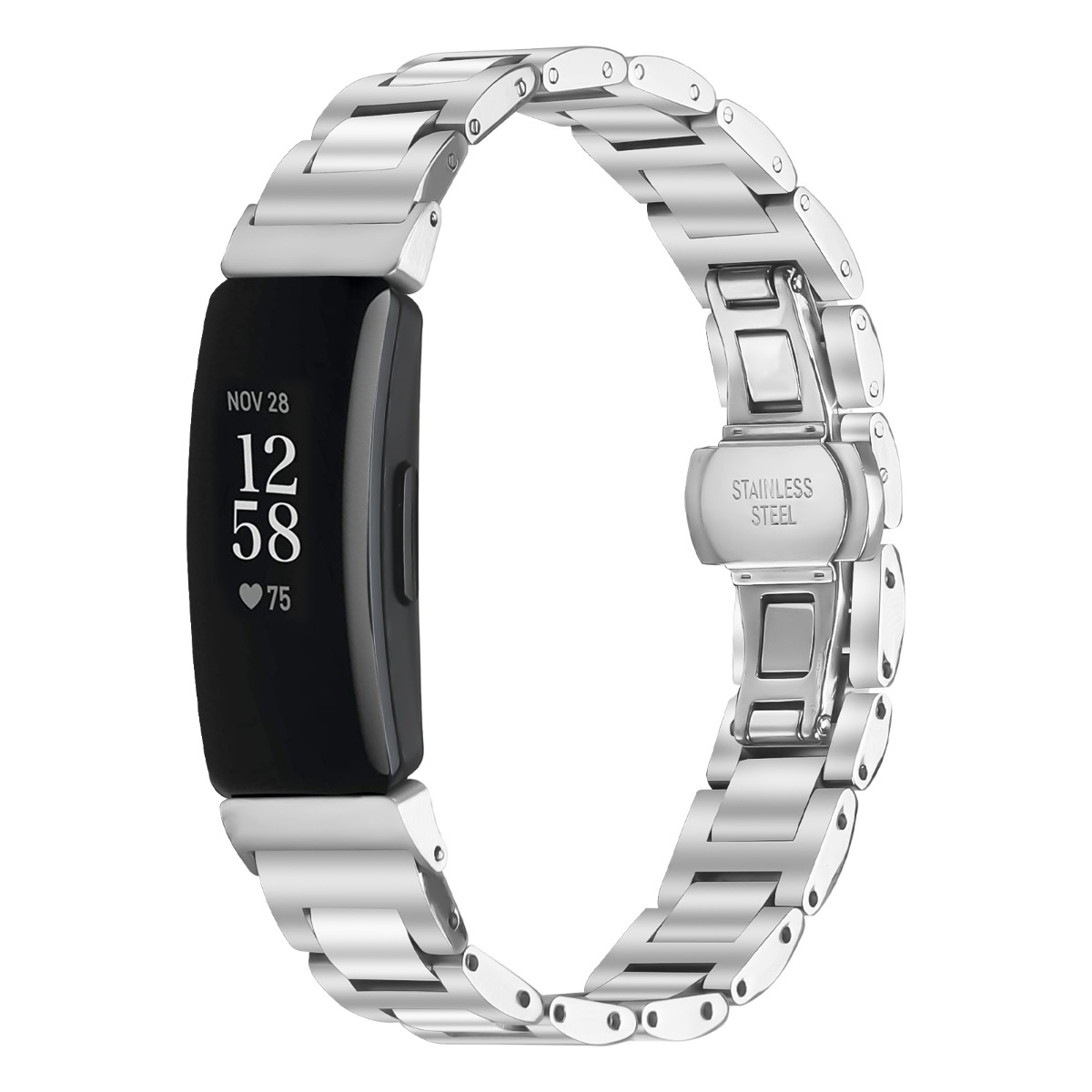 Ein silbernes Edelstahl-Uhrenarmband mit einer schwarzen Smartwatch. Die Uhr zeigt Datum, Uhrzeit und Herzfrequenz an.