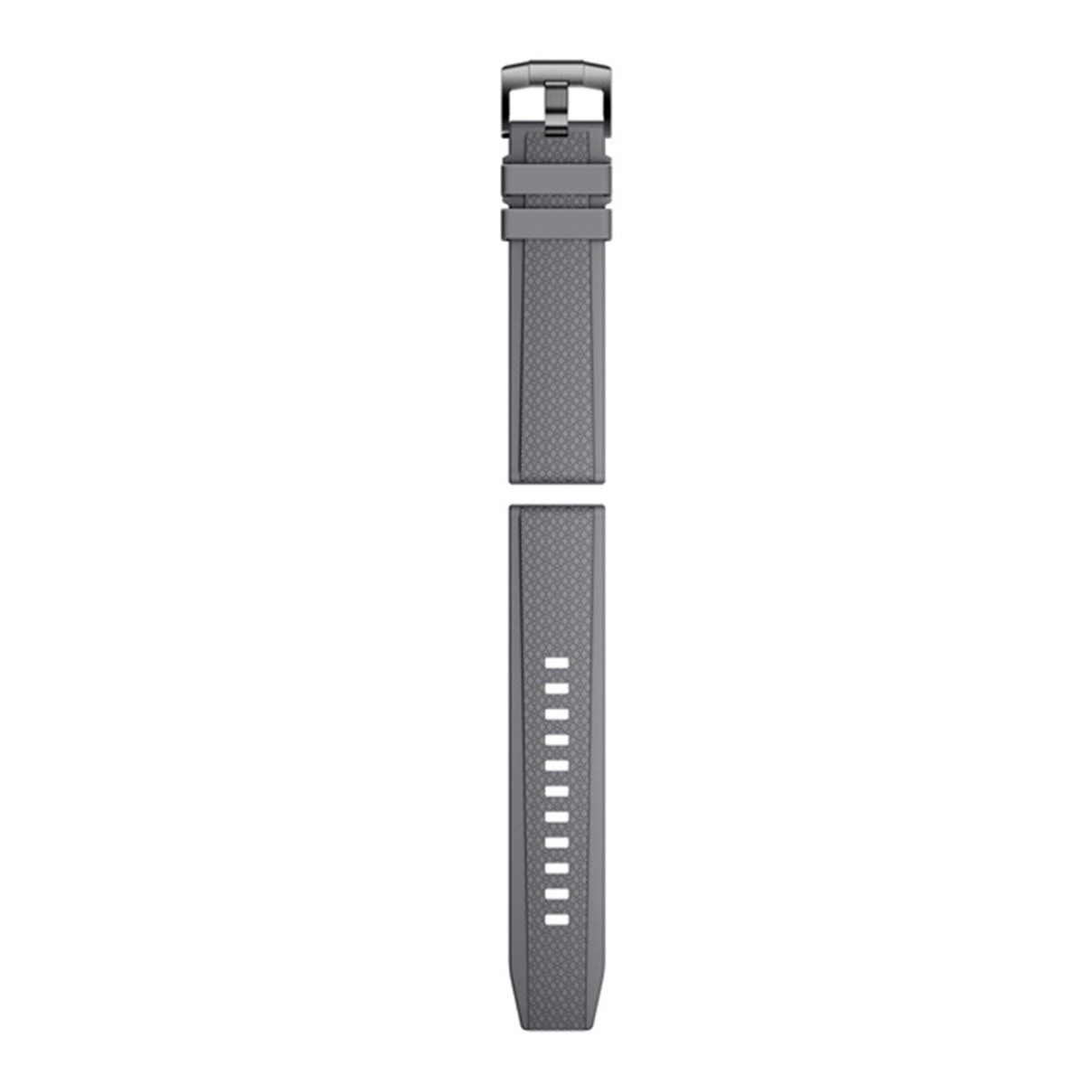 Graues Uhrenarmband, abgenommen. Der obere Teil hat eine Schnalle, der untere Löcher zur Anpassung. Beide Teile sind strukturiert.