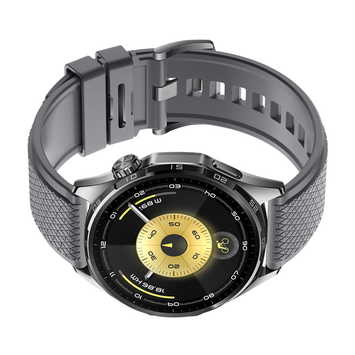 Nahaufnahme einer Smartwatch mit schwarzem und goldenem Display, grauem Armband und silbernen Metallakzenten. Die Uhr zeigt Zeit- und Gesundheitsdaten.
