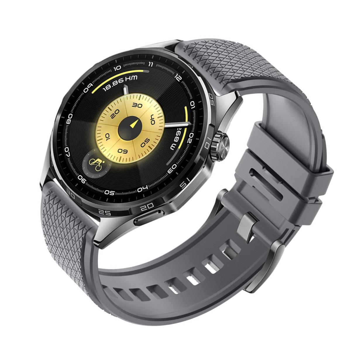 Eine moderne Smartwatch mit schwarzem und goldenem Display. Sie hat ein graues Armband und ein Metallgehäuse. Die Uhr zeigt Fitnessdaten.