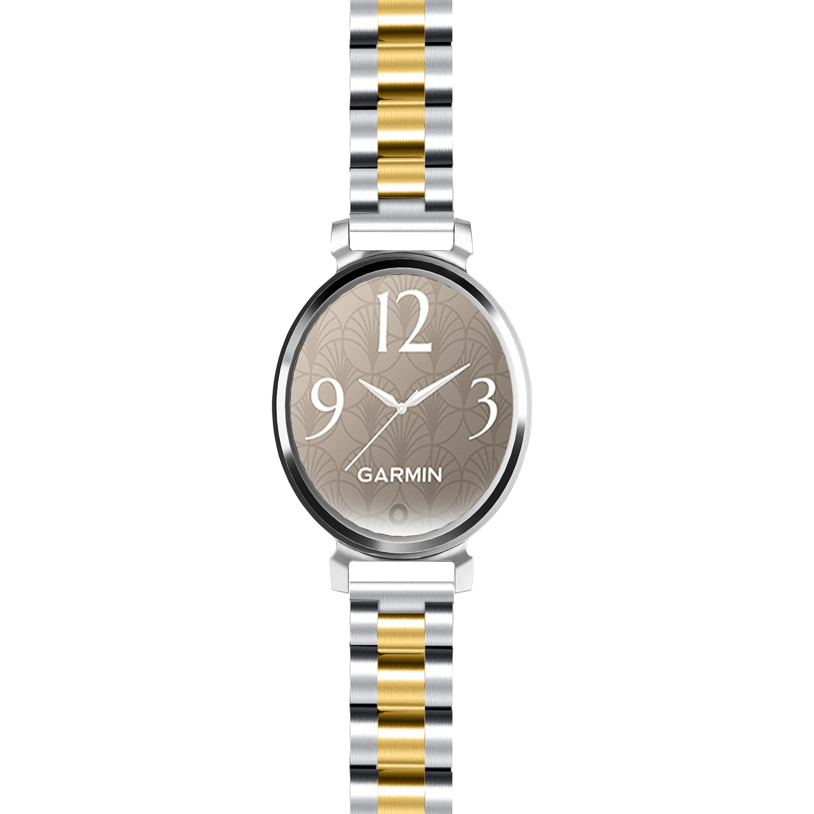 Un orologio Garmin con cinturino argento e oro. Il quadrante è beige con i numeri 12, 9 e 3 visibili.
