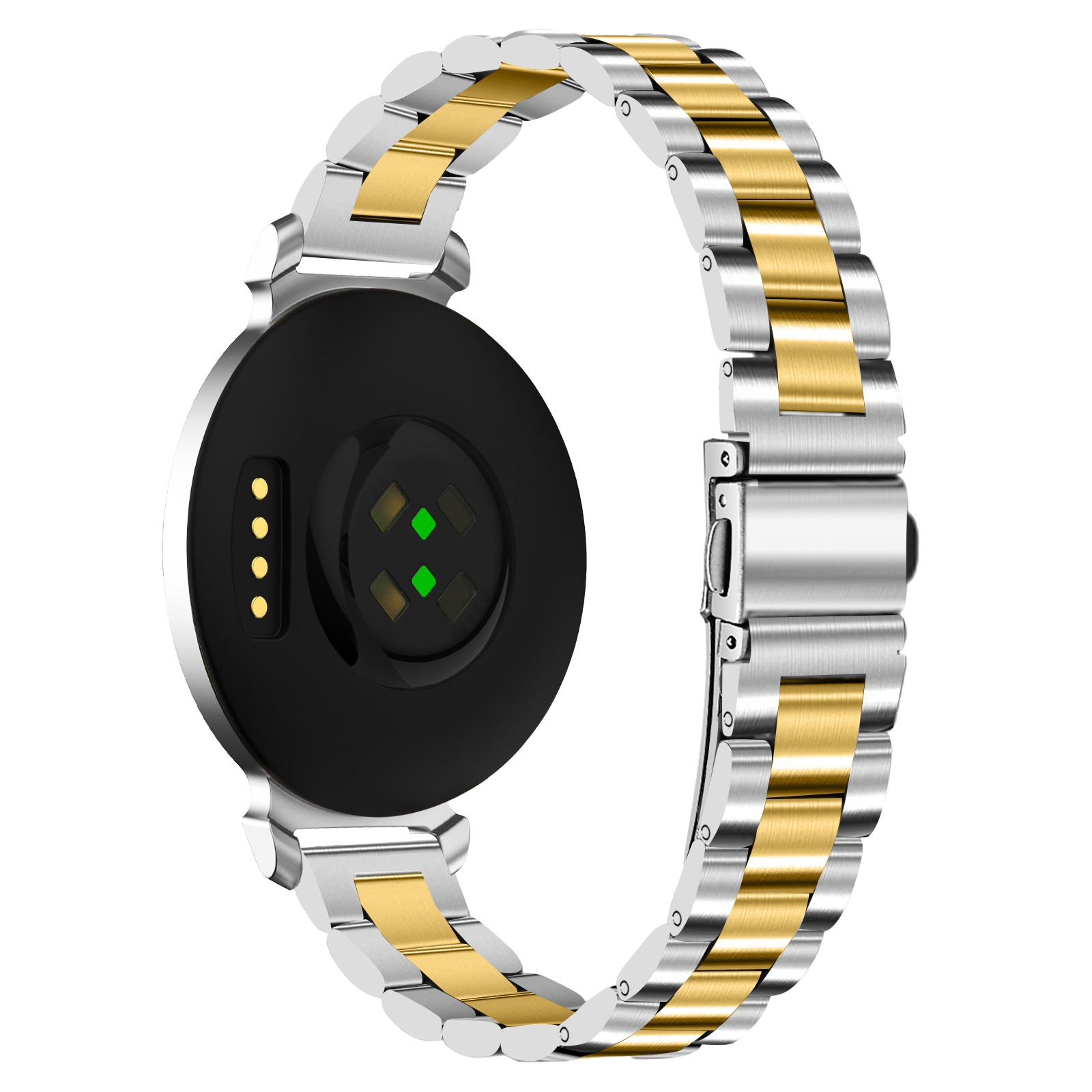 Smartwatch con quadrante nero e cinturino in metallo argento e oro. Mostra i sensori sul retro.