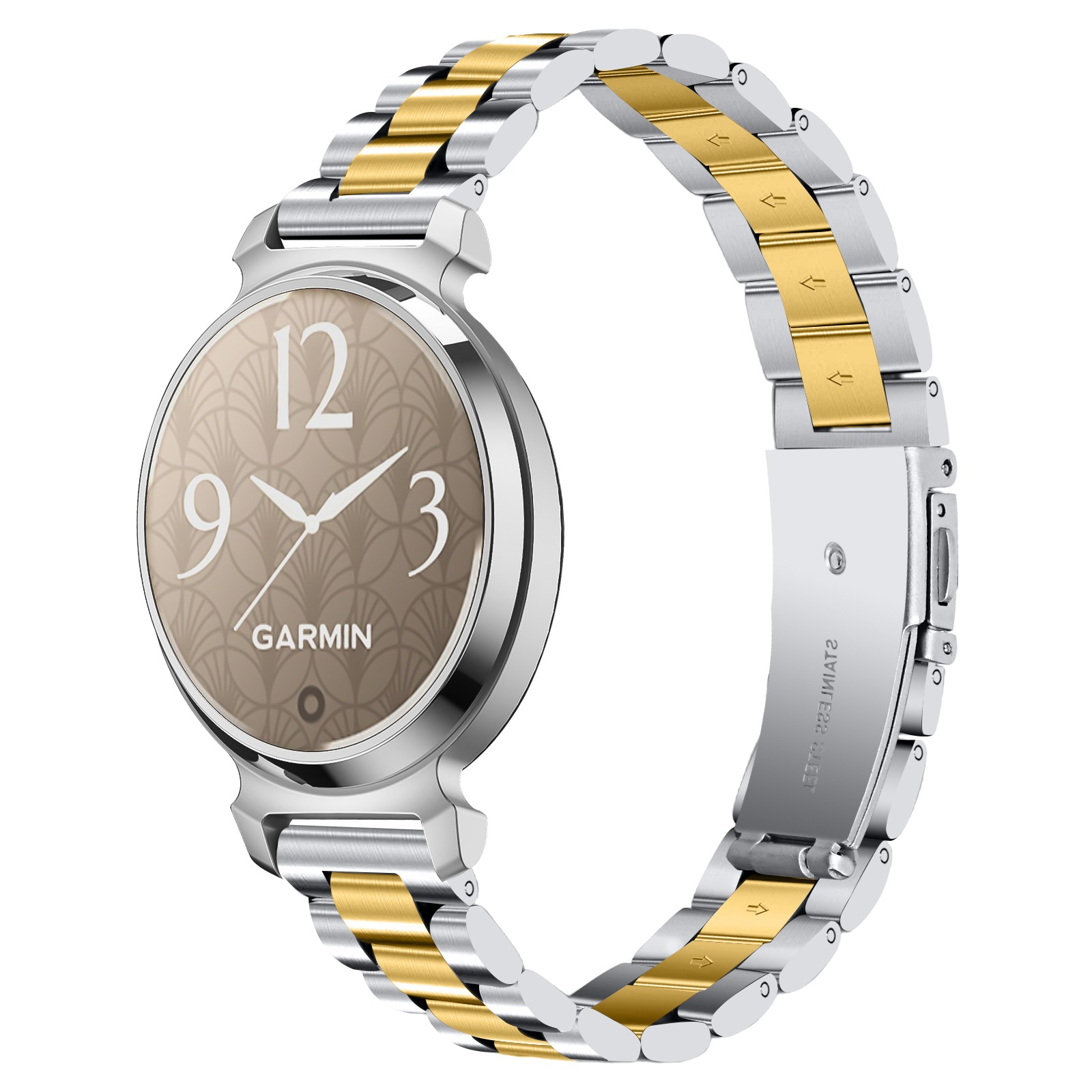 Uno smartwatch Garmin con cinturino argento e oro. Il quadrante è beige con i numeri 12, 3 e 9. Il cinturino è in metallo.