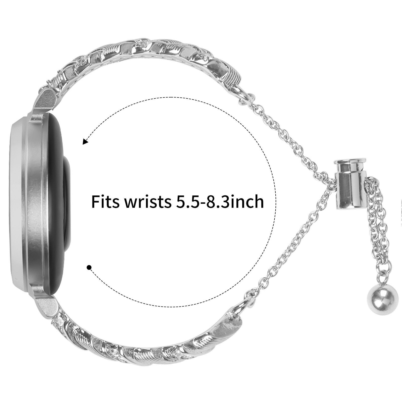 Silberne Smartwatch mit verstellbarem Kettenarmband, passend für Handgelenke von 5,5-8,3 Zoll. Seitenansicht mit schwarzem Bildschirm und silbernen Details.