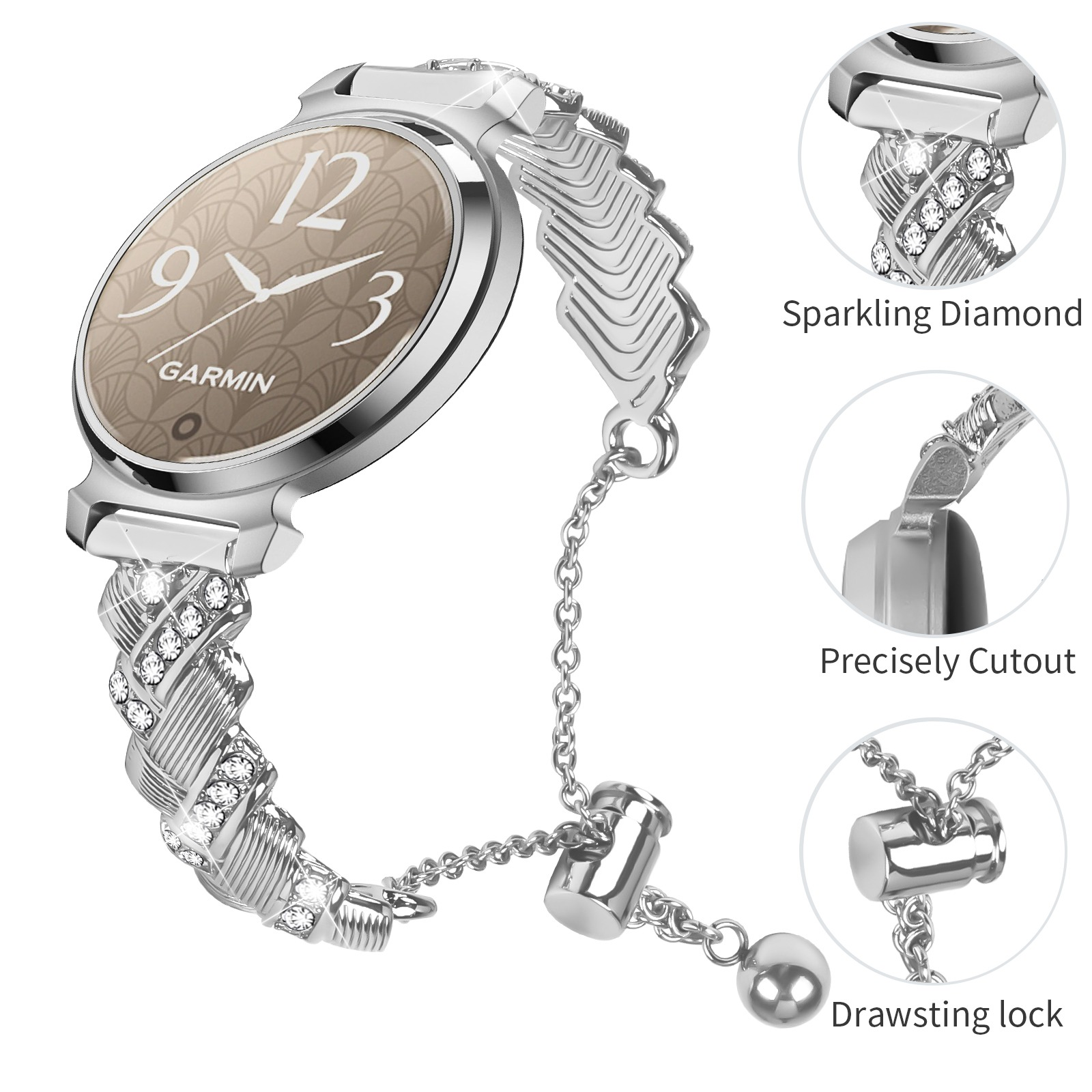 Silberne Garmin Smartwatch mit Diamanten und Kettenarmband, Nahaufnahmen von Details: funkelnde Diamanten, präzise Ausschnitte und Kordelzugverschluss.