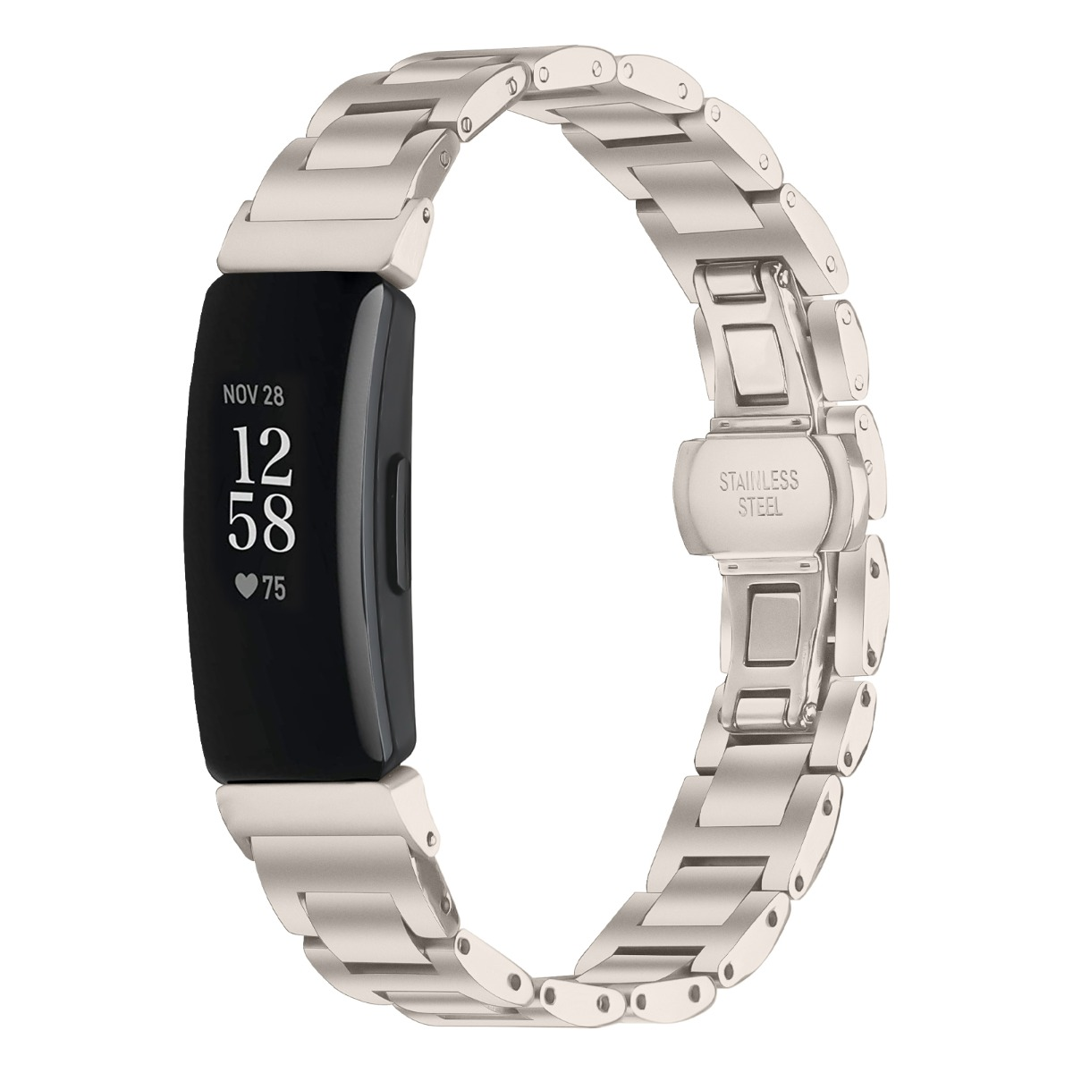 Ein silbernes Smartwatch-Armband mit schwarzem Bildschirm, der Datum, Uhrzeit und Herzfrequenz anzeigt, verbunden mit einem Edelstahlverschluss.