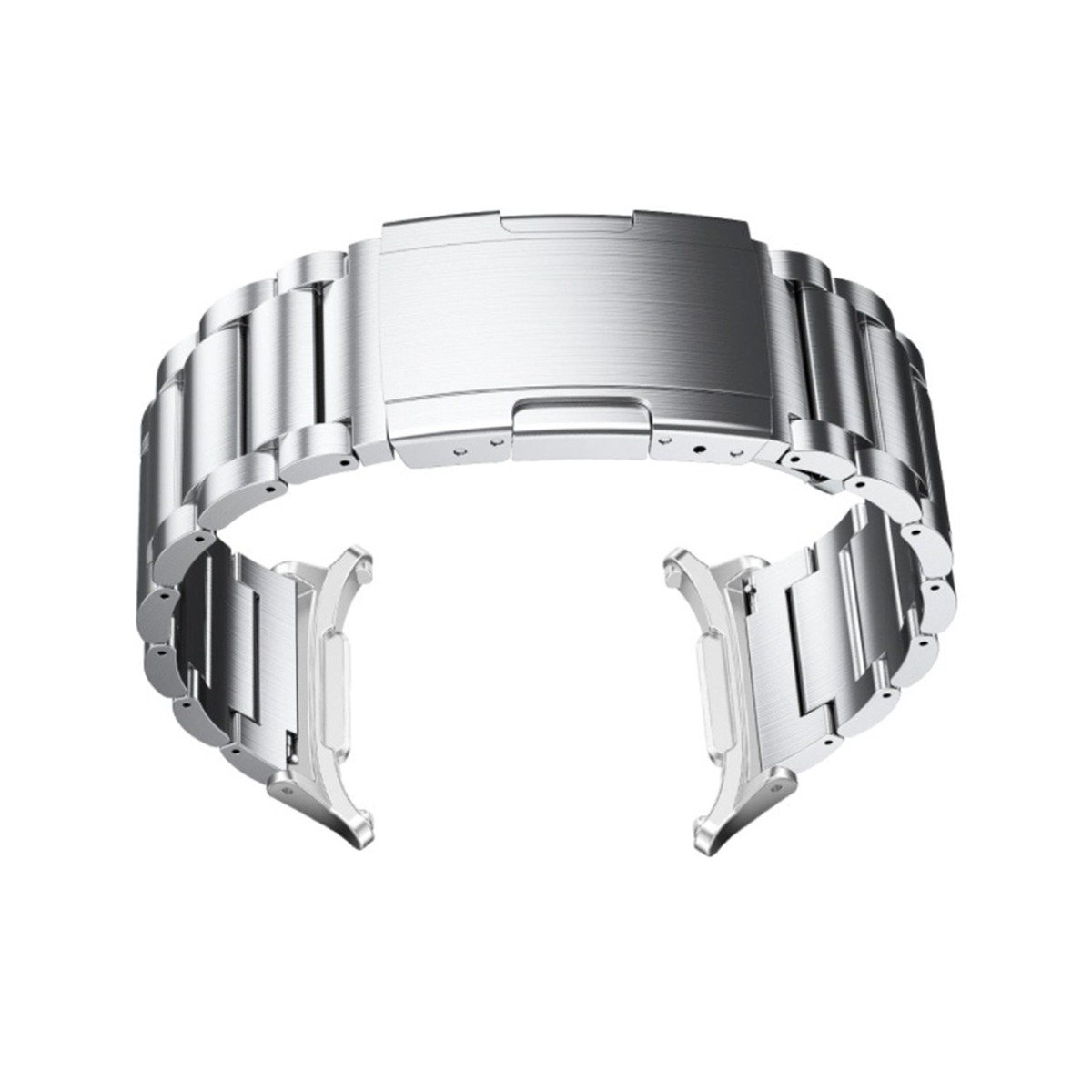 Ein silbernes Metall-Uhrenarmband wird vor einem weißen Hintergrund gezeigt. Das Armband ist offen und zeigt den Verschluss und zwei Enden.