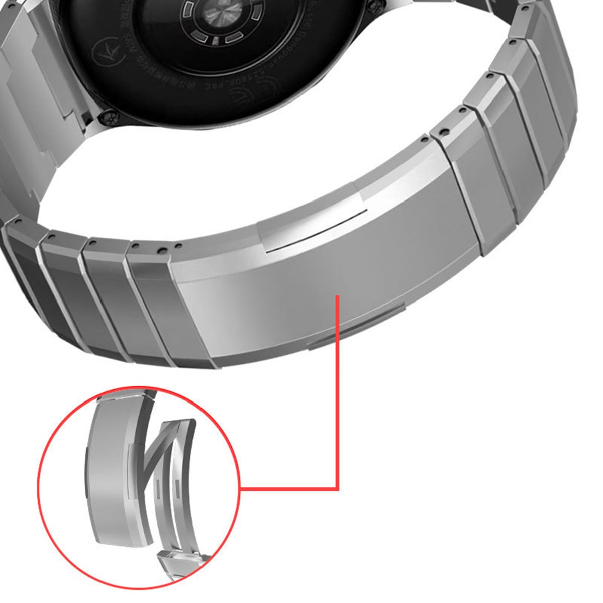 Primer plano de una correa de reloj plateada. Un círculo rojo resalta el mecanismo de cierre. La parte trasera del reloj es visible.