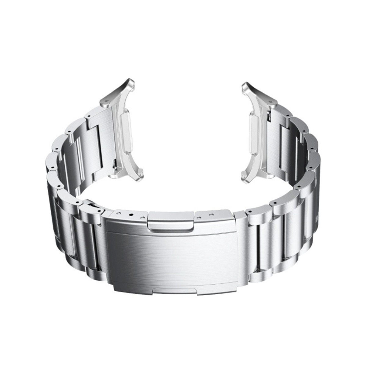 Ein silbernes Uhrenarmband liegt auf einer weißen Oberfläche. Es besteht aus Metallgliedern mit Verschlüssen an beiden Enden.