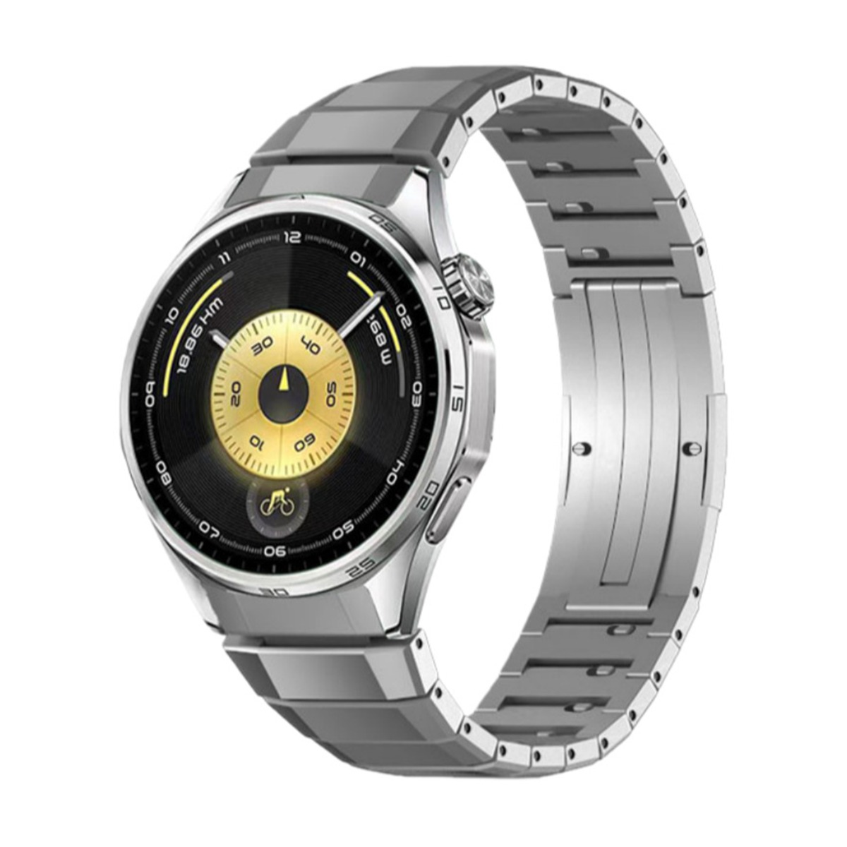 Un reloj inteligente plateado con esfera negra y dorada. Tiene una correa de metal. El reloj muestra la hora y datos de salud.