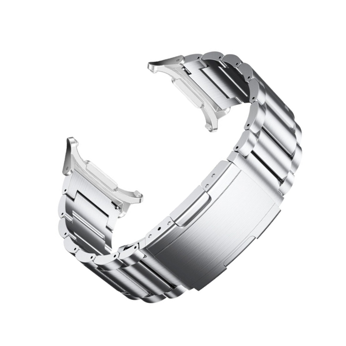 Ein silbernes Metallarmband mit Verschluss, gebogen vor weißem Hintergrund.