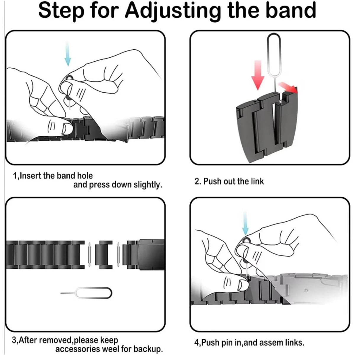 Anleitung zum Einstellen eines Uhrenarmbands. Schritte umfassen das Einsetzen, Herausdrücken von Gliedern, Entfernen von Zubehör und Wiederzusammenbau.