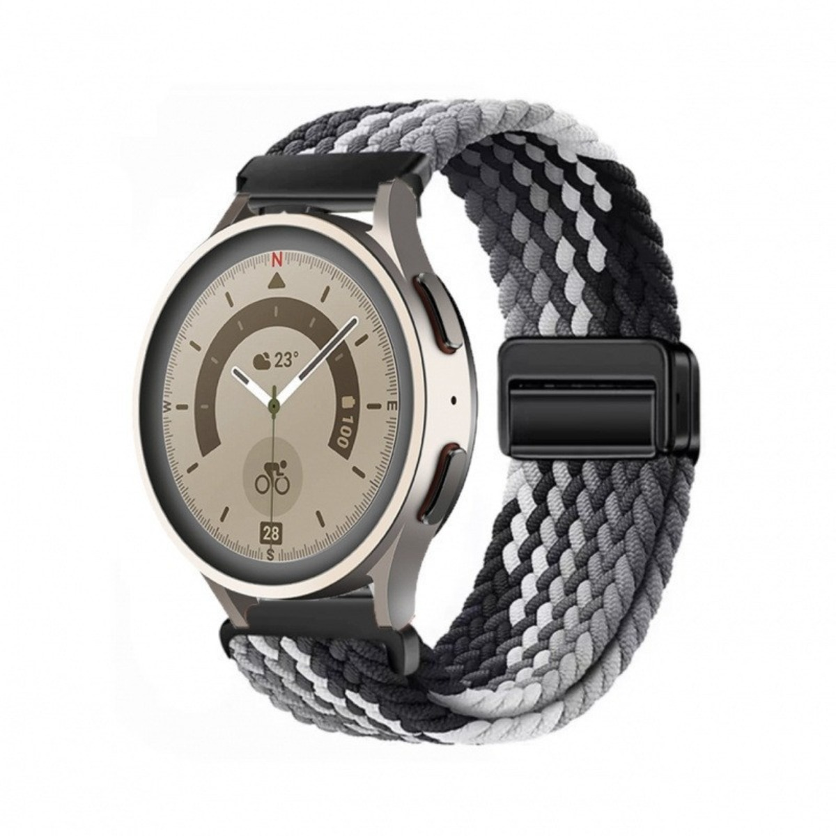 Eine Smartwatch mit geflochtenem Armband in Grau-, Schwarz- und Weißtönen. Das Zifferblatt ist beige und zeigt Uhrzeit und Symbole.