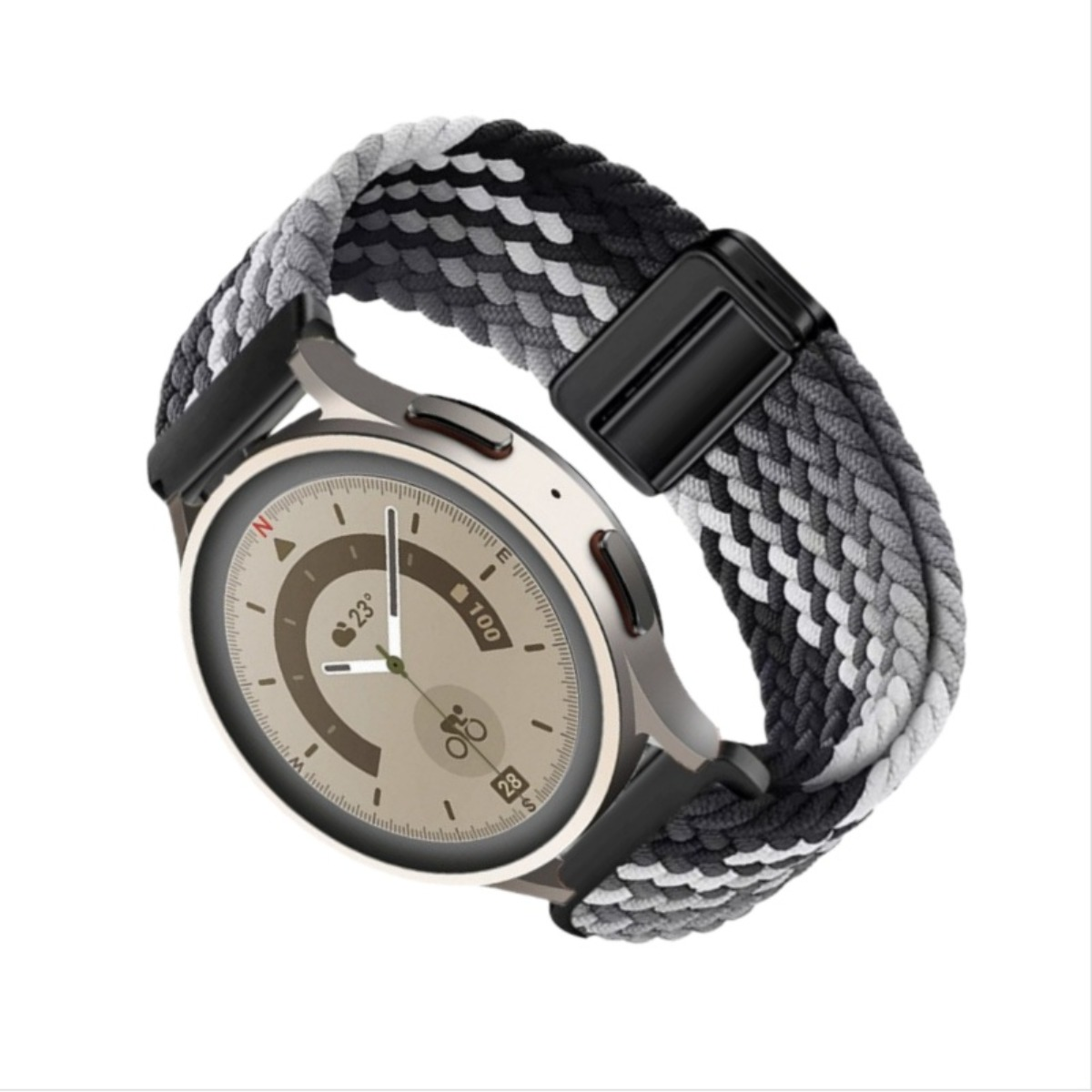 Eine Smartwatch mit geflochtenem Armband. Das Zifferblatt ist beige mit schwarzen und grauen Details. Das Armband ist schwarz, grau und weiß.