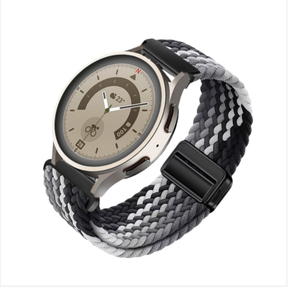 Eine Smartwatch mit beigem Zifferblatt und einem geflochtenen Armband in Schwarz-, Grau- und Weißtönen. Die Uhr zeigt die Zeit und Temperatur an.