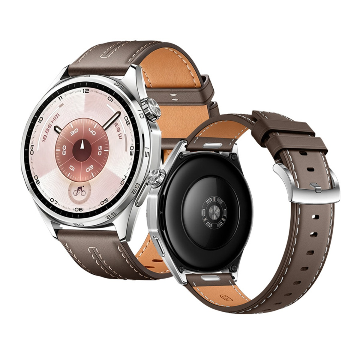 Eine Smartwatch mit braunem Lederarmband und silbernem Gehäuse. Das Zifferblatt ist weiß und roségold, zeigt Zeit und Gesundheitsdaten.