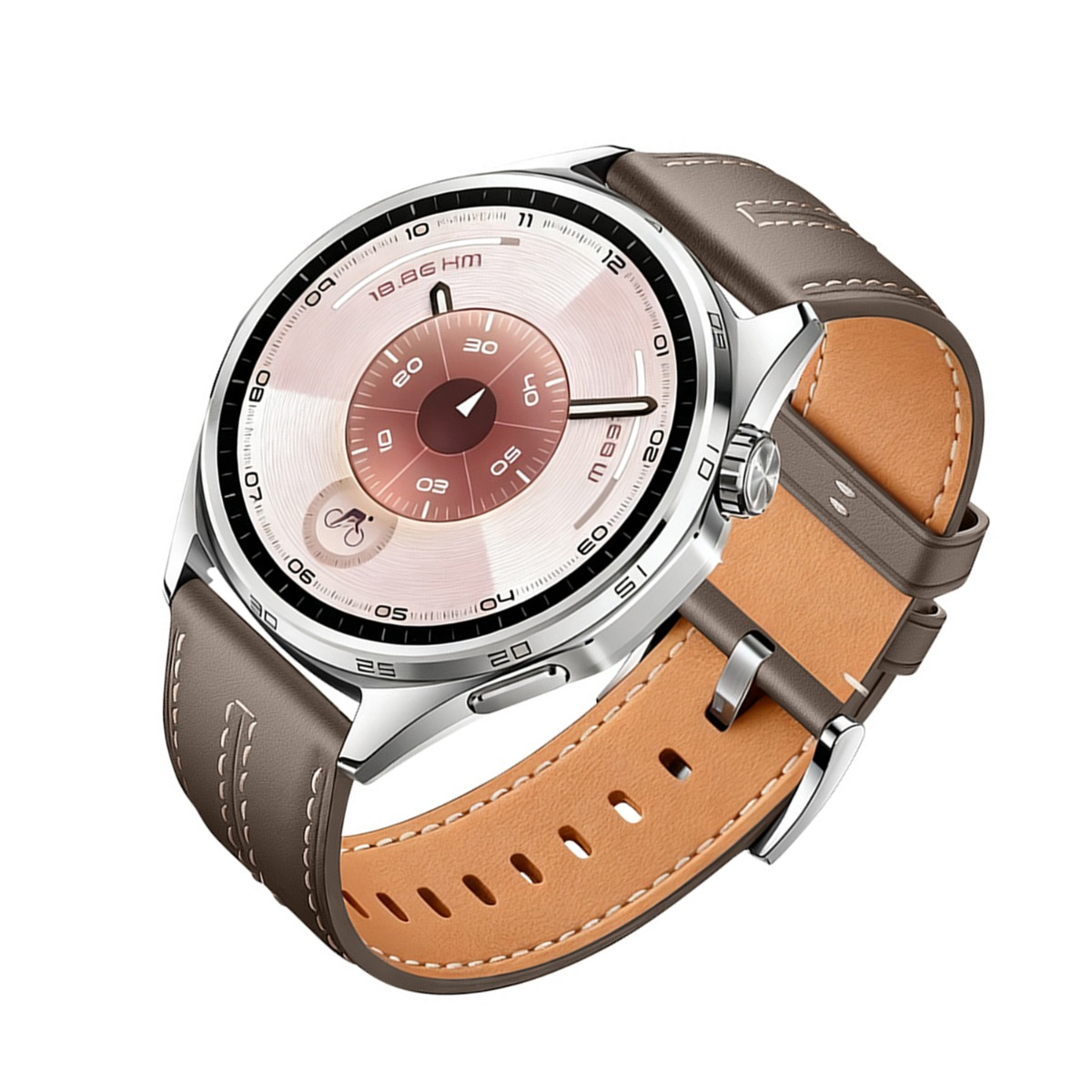 Eine silberne Smartwatch mit braunem Lederarmband. Das Zifferblatt zeigt Daten in Rosa-, Braun- und Weißtönen an.