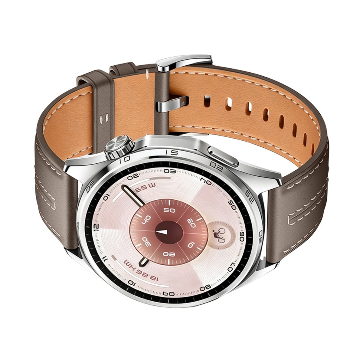 Eine silberne Smartwatch mit braunem Lederarmband. Das Zifferblatt ist hellbraun mit schwarzen Markierungen. Das Armband ist grau mit hellerer Innenfarbe.