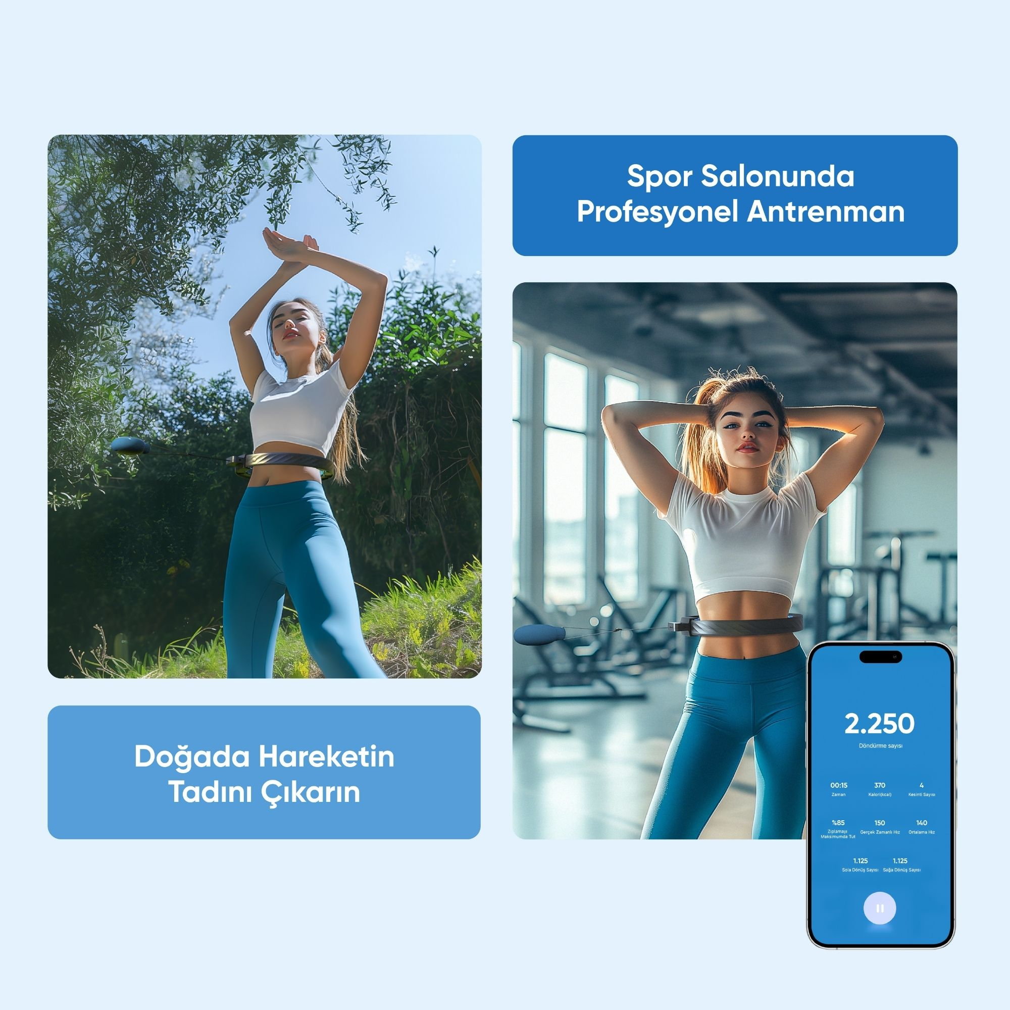 Kadın bir fitness cihazıyla egzersiz yapıyor. Görüntü iki sahne gösteriyor: dışarıda ve spor salonunda, bir telefonla.