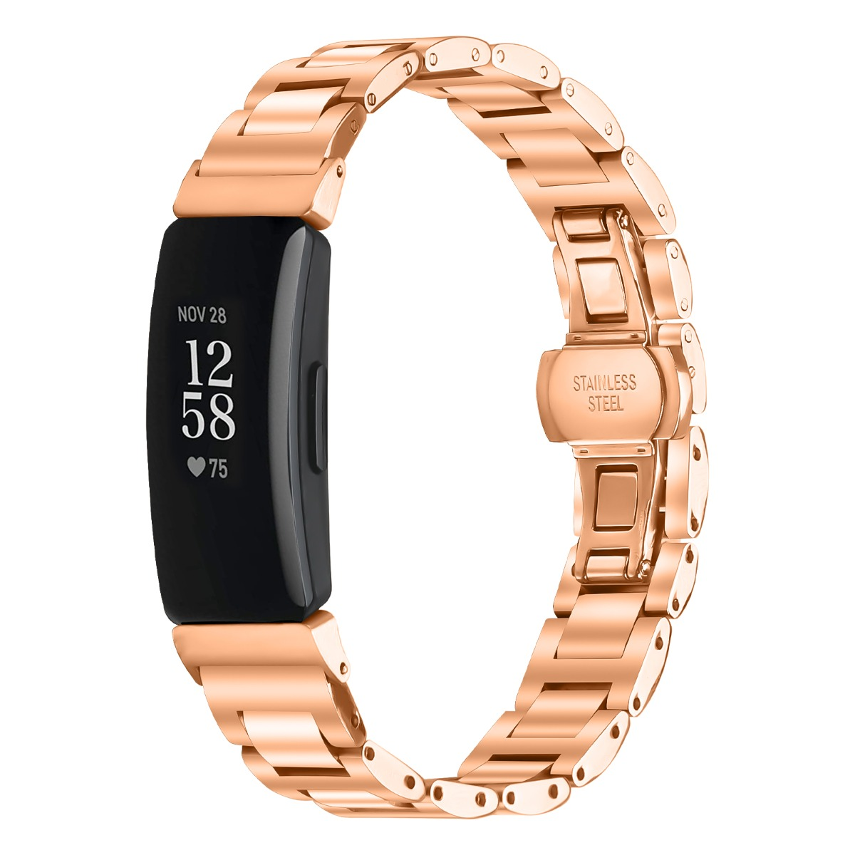 Eine roségoldene Smartwatch mit schwarzem Bildschirm, die Datum und Uhrzeit anzeigt, verbunden mit einem roségoldenen Metallarmband.