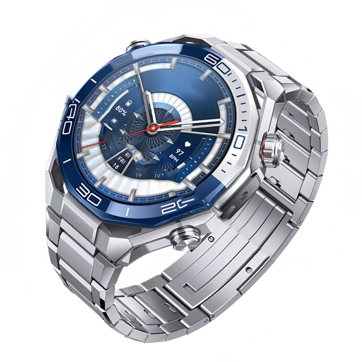 Un reloj de pulsera plateado moderno con esfera azul y correa plateada. La esfera muestra números y datos.