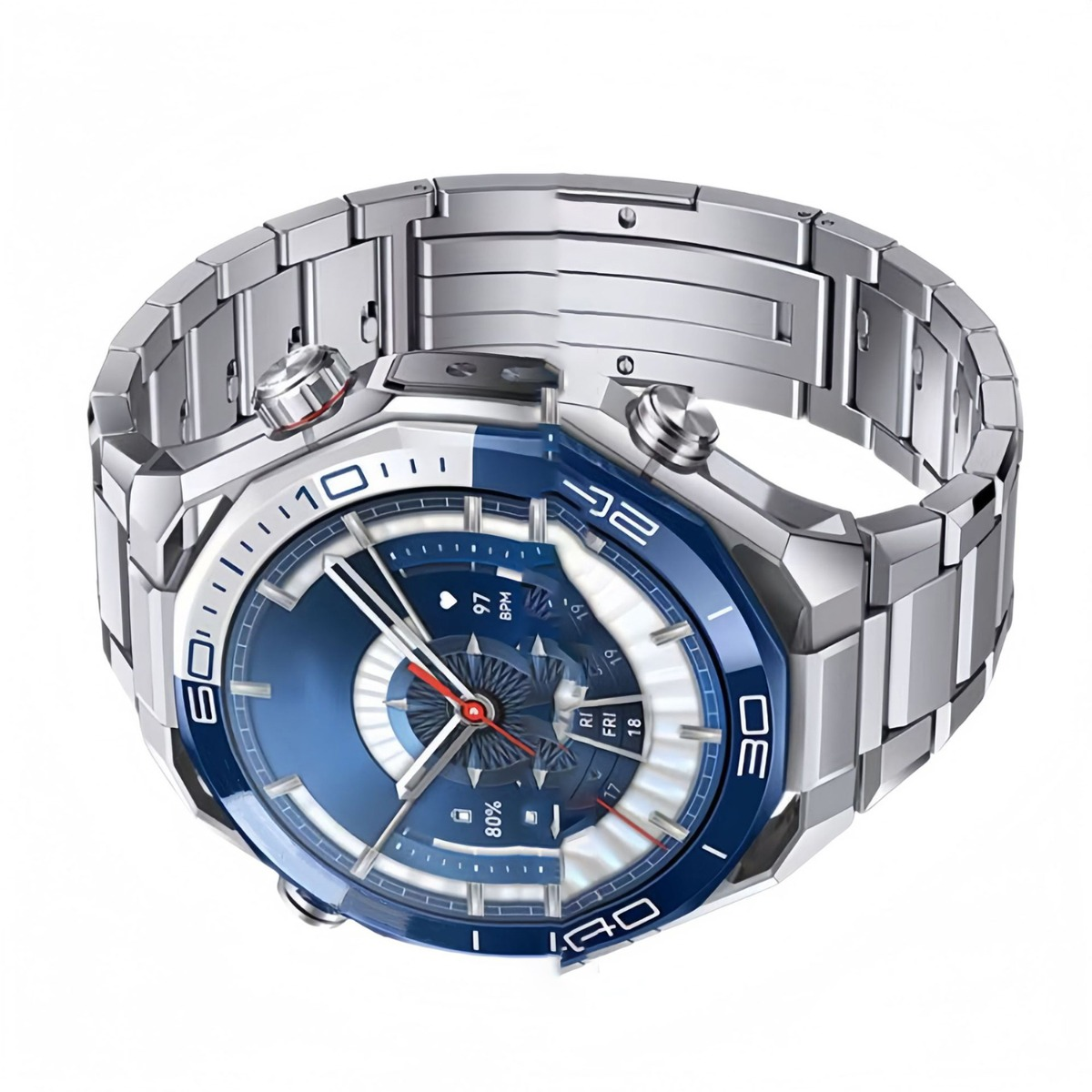 Un reloj inteligente plateado moderno con esfera azul, detalles blancos y una correa de metal plateado. Muestra la hora y métricas de salud.