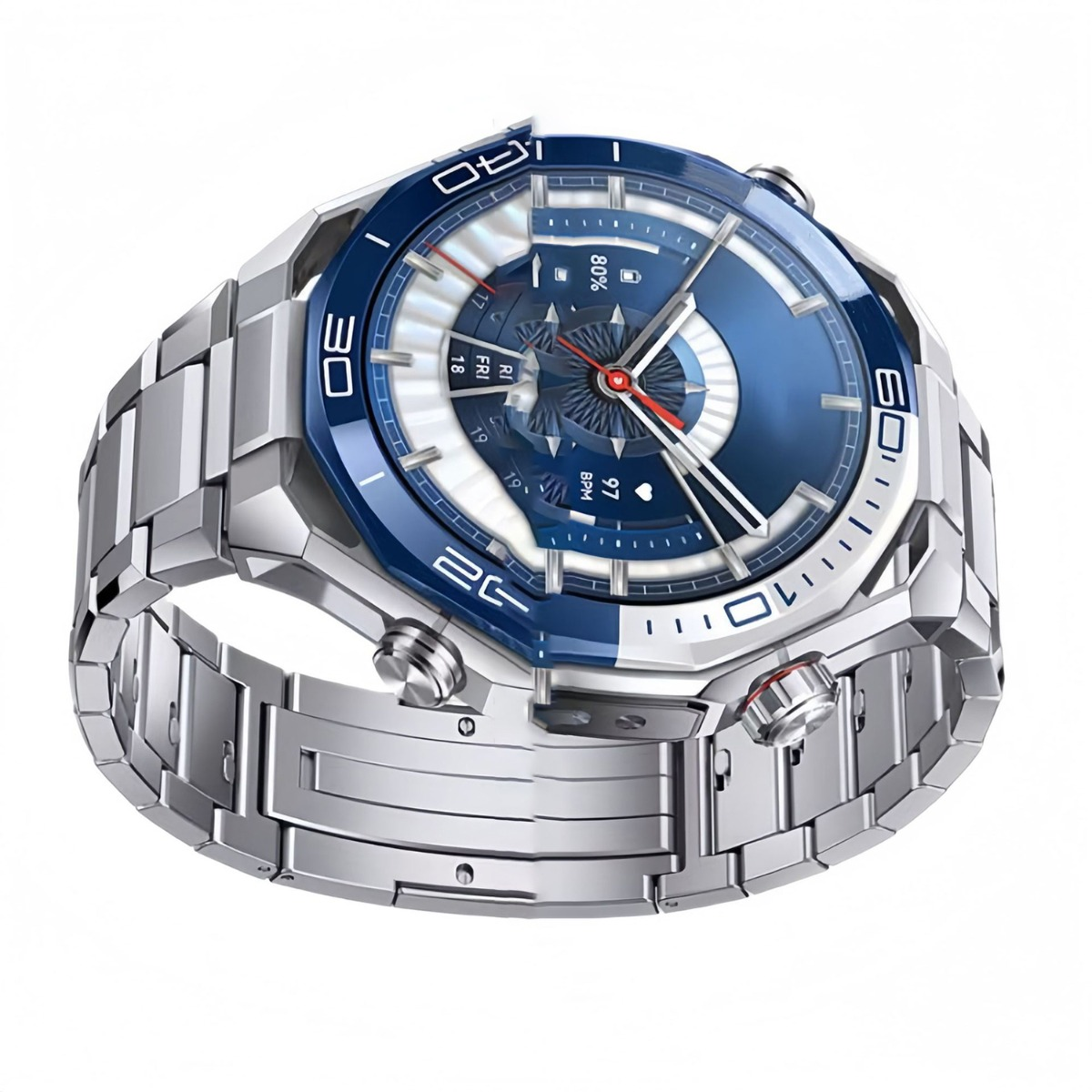 Un reloj inteligente plateado moderno con bisel azul y esfera blanca. La correa también es plateada.