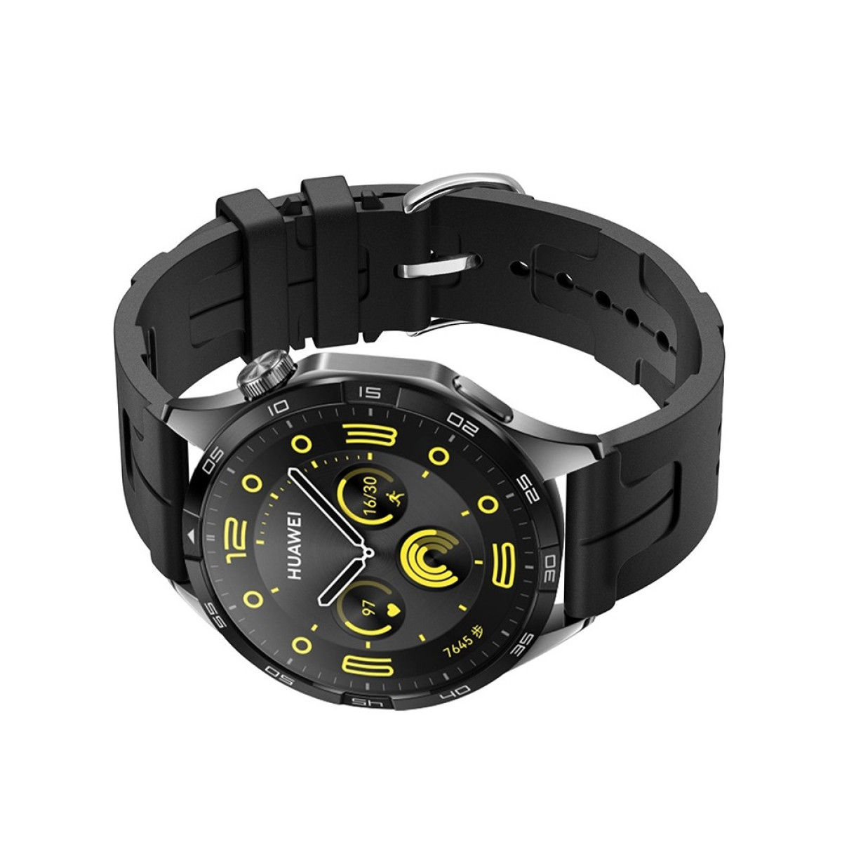 Eine Huawei-Smartwatch mit schwarzem Armband. Das Zifferblatt ist schwarz mit gelben Akzenten und zeigt Uhrzeit und Fitnessdaten an.