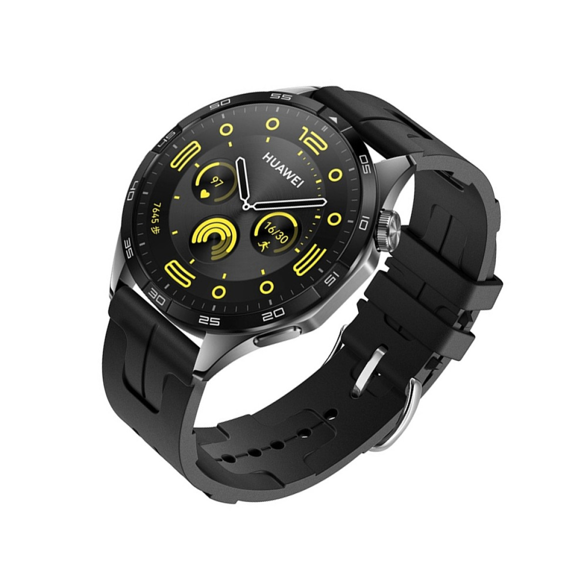 Eine Huawei-Smartwatch mit schwarzem Armband, silbernem Gehäuse und schwarzem Zifferblatt mit gelben Akzenten. Die Uhrzeit wird angezeigt.
