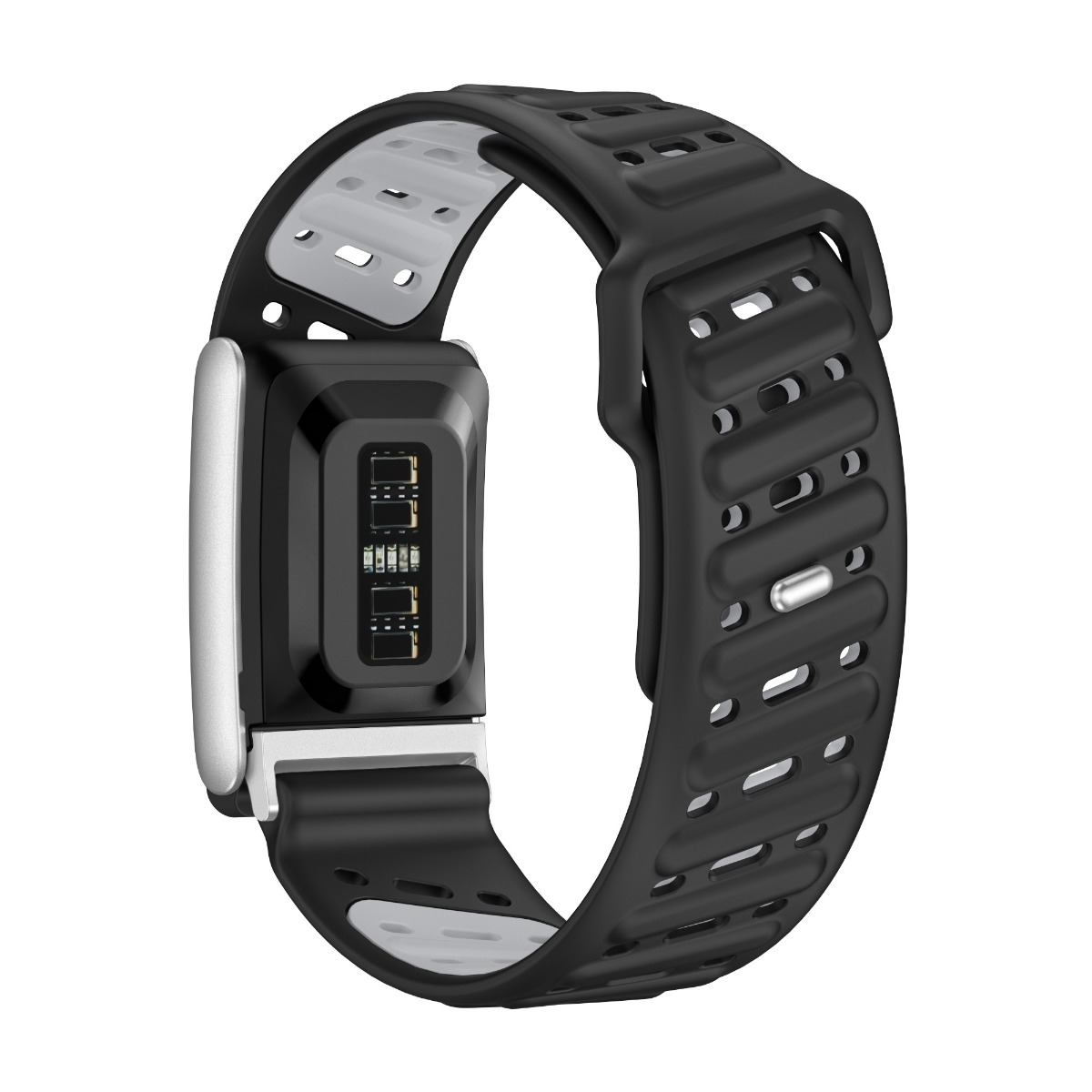 Ein schwarzer Fitnesstracker mit silbernem Rahmen. Das Armband ist schwarz mit weißem Innenfutter. Der Bildschirm zeigt Daten.