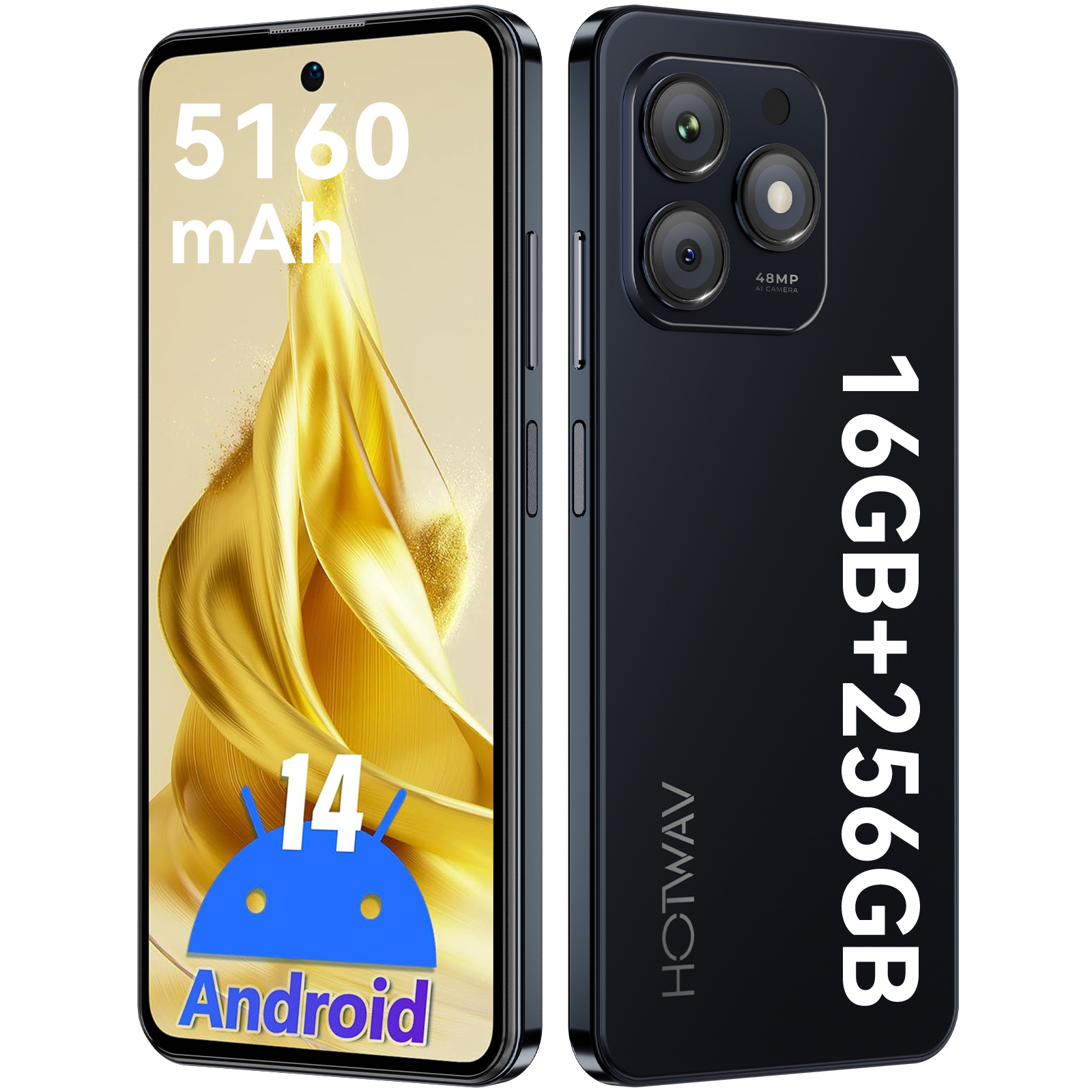 Un smartphone negro muestra la parte delantera y trasera. Incluye 16GB+256GB, 5160 mAh, Android 14 y triple cámara.