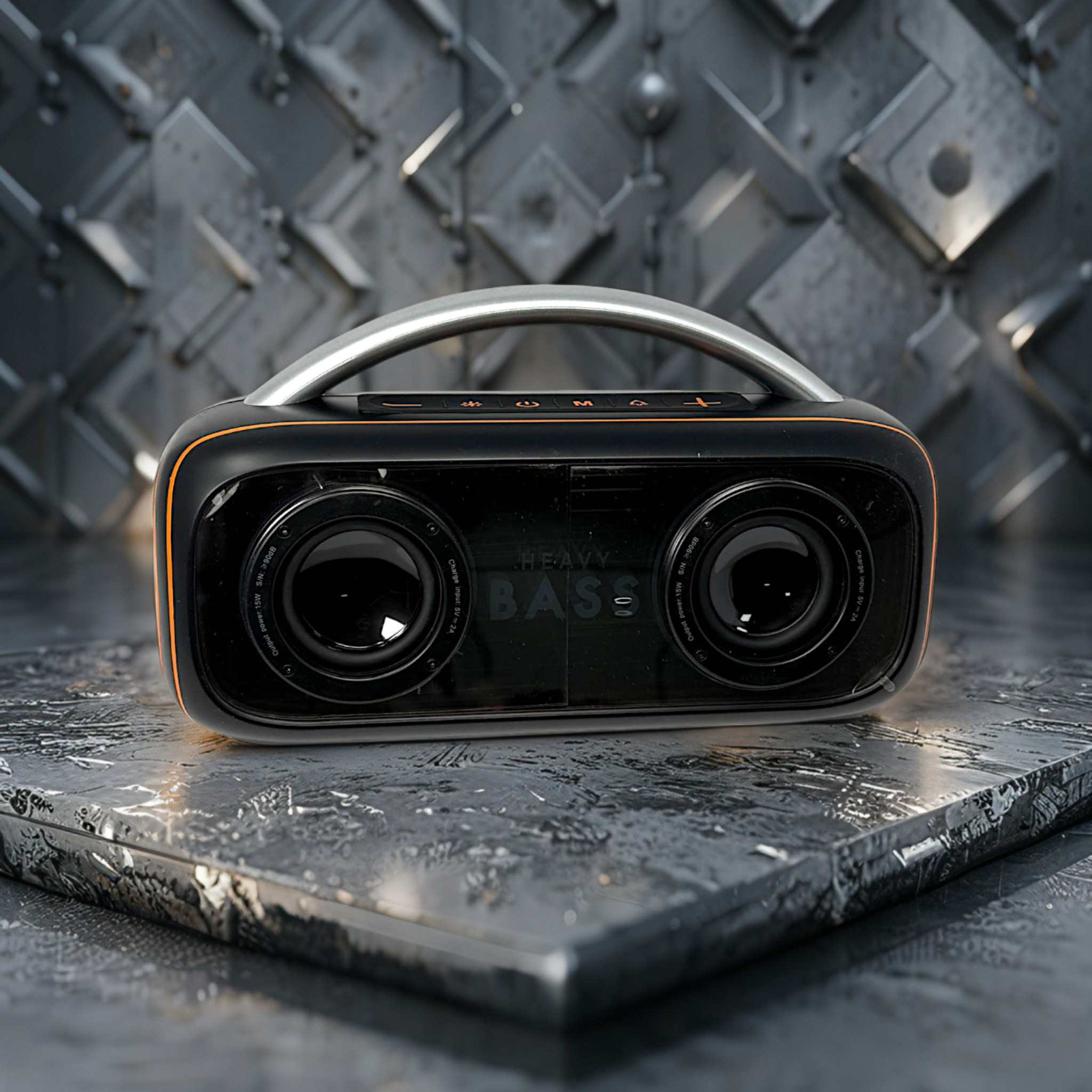 Un altavoz negro y naranja con dos altavoces, un asa y botones de control, sobre una superficie metálica.
