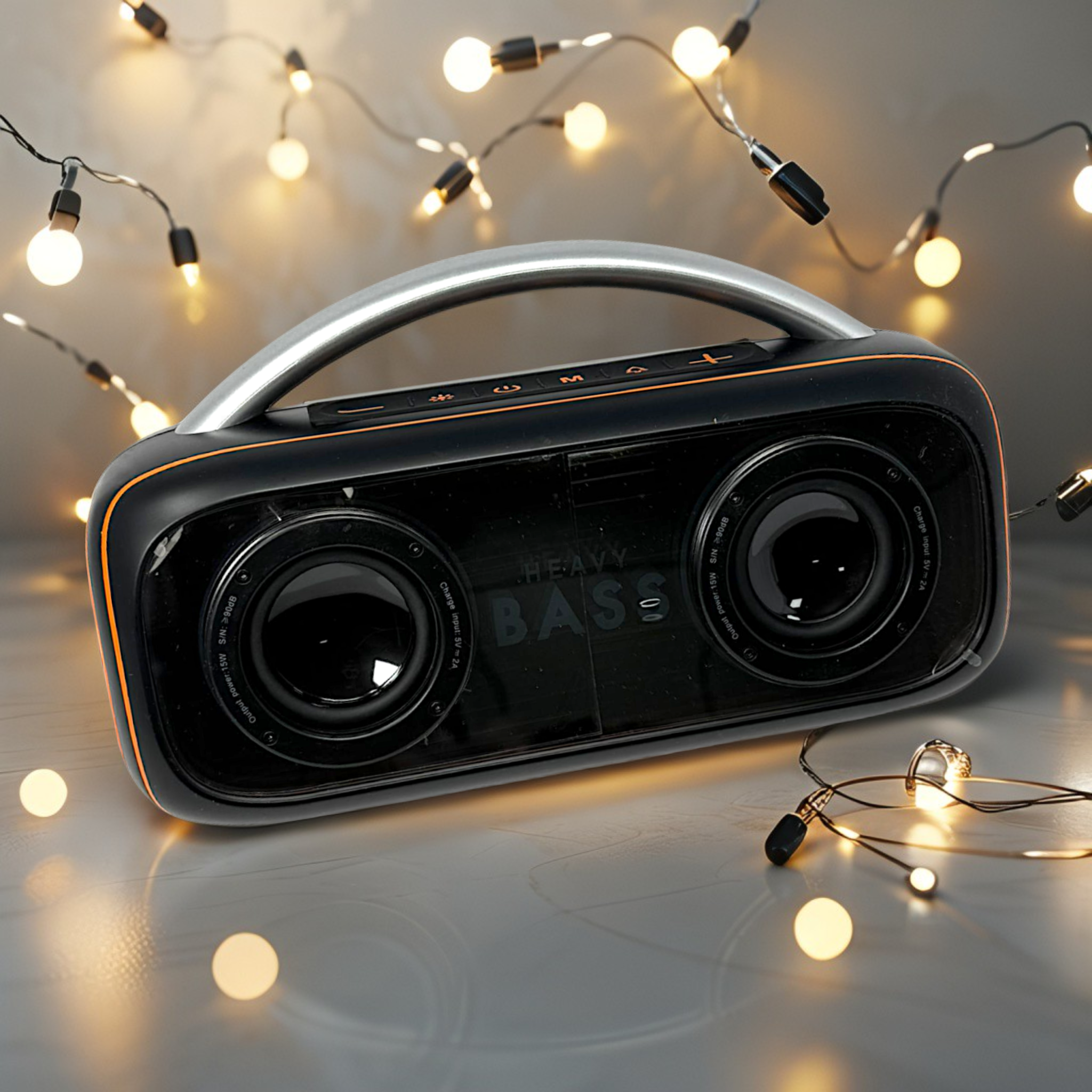 Altavoz negro con asa plateada y ribete naranja, texto 'HEAVY BASS', rodeado de luces de hadas, sobre una superficie clara.