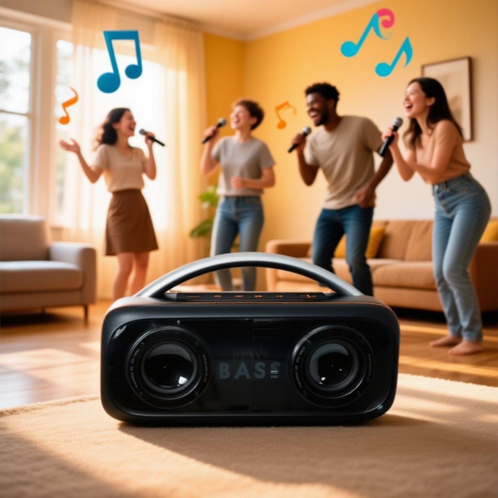 Cuatro personas cantan con micrófonos, notas musicales arriba. Un altavoz en primer plano. Interior con sofá, ventana y paredes amarillas.