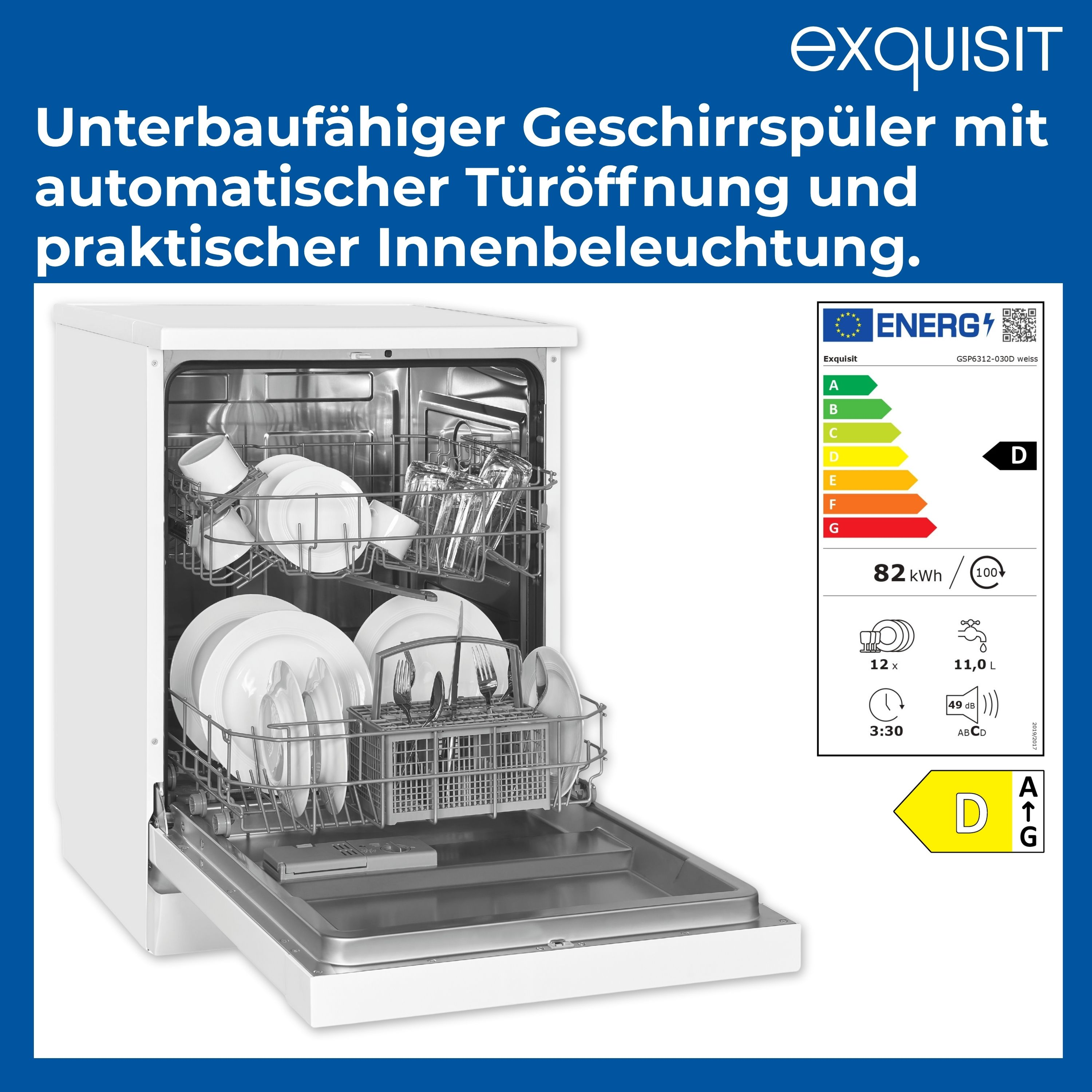 Ein weißer Geschirrspüler mit Geschirr im Inneren. Er hat ein Energielabel. Text: Exquisit.