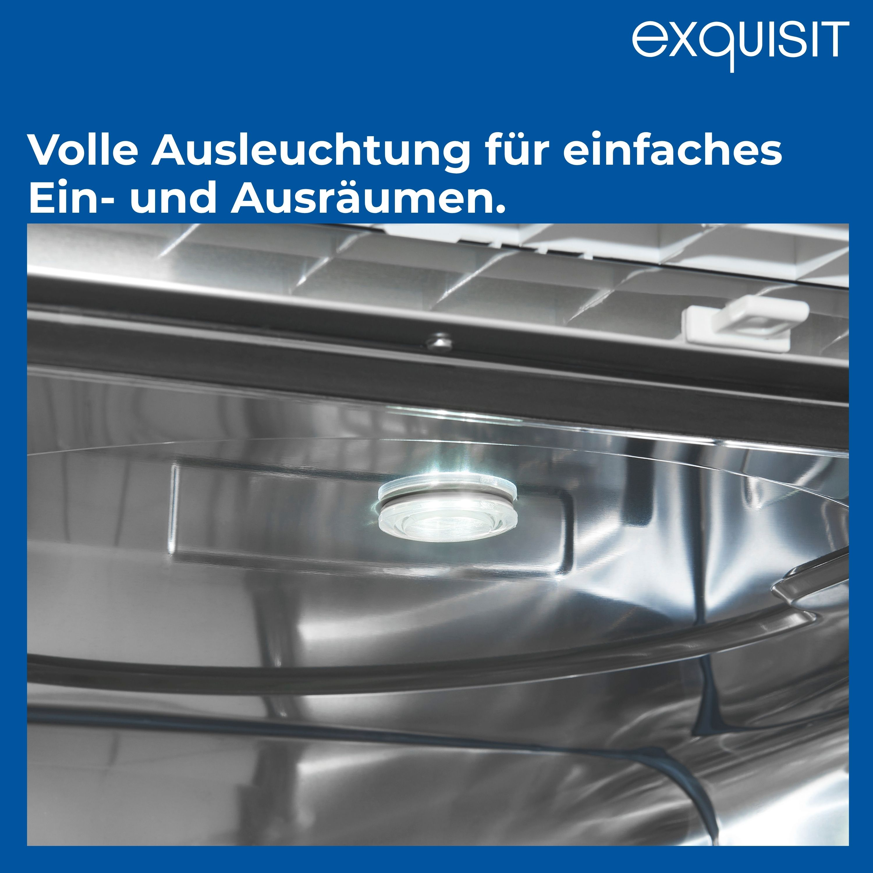 Innenraum eines Geschirrspülers mit hellem Licht. Edelstahl-Interieur und weiße Akzente sind sichtbar.