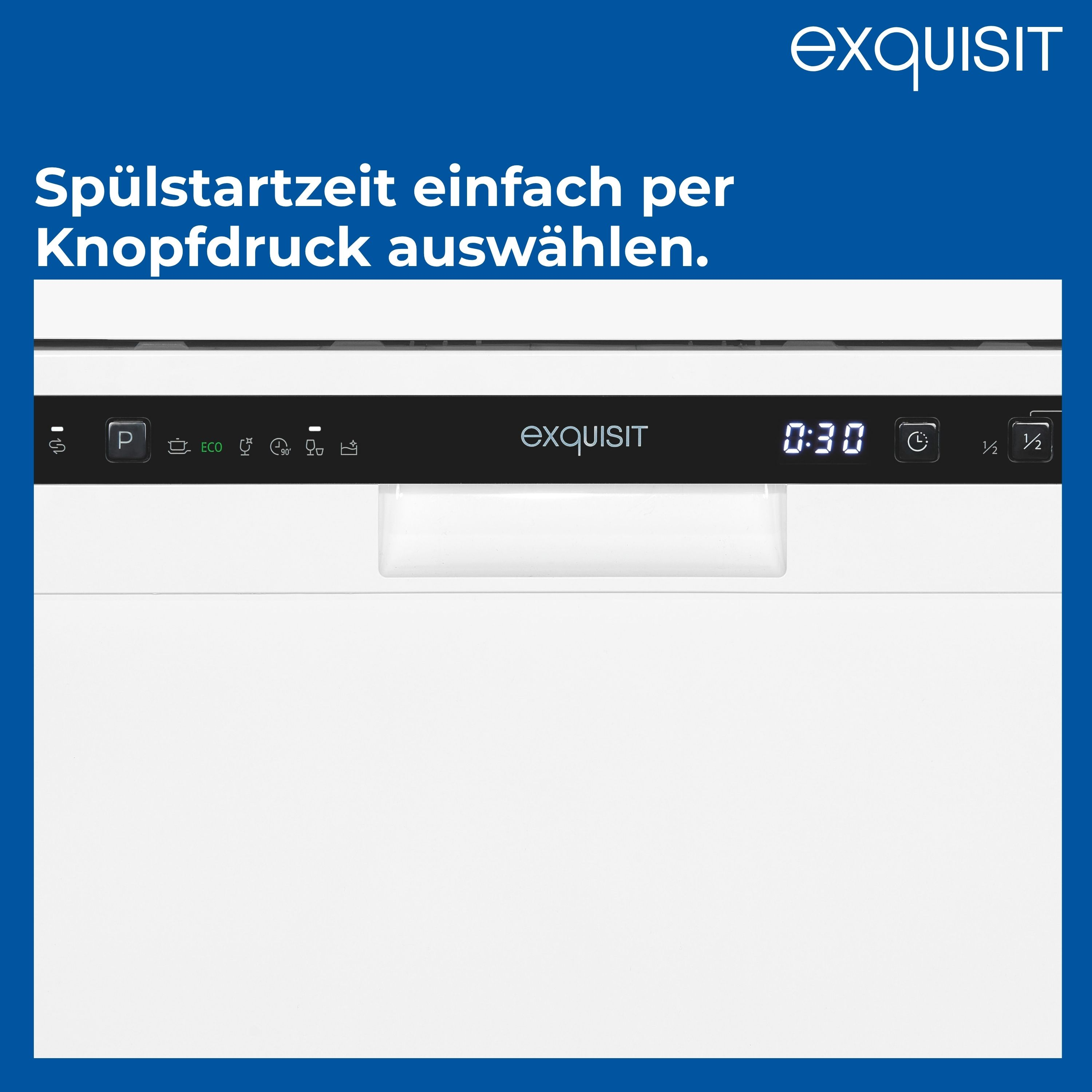 Ein weißer Geschirrspüler mit schwarzem Bedienfeld zeigt Zeit und Einstellungen an. Text auf Deutsch: 'Startzeit auf Knopfdruck'.