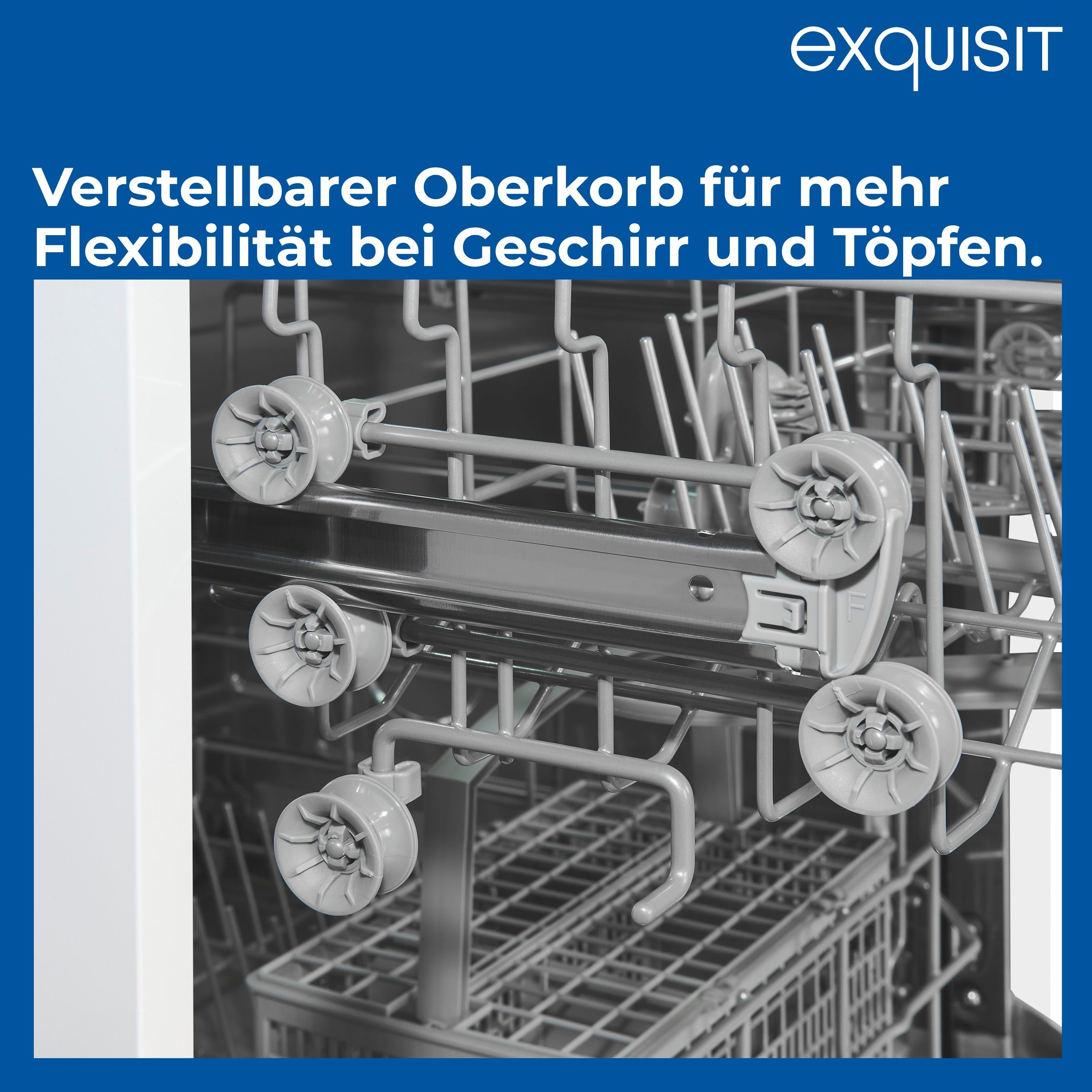 Geschirrspüler-Innenraum. Grauer, verstellbarer oberer Korb mit Rädern. Silberne Gestelle und weiße Seiten. Exquisit-Logo.