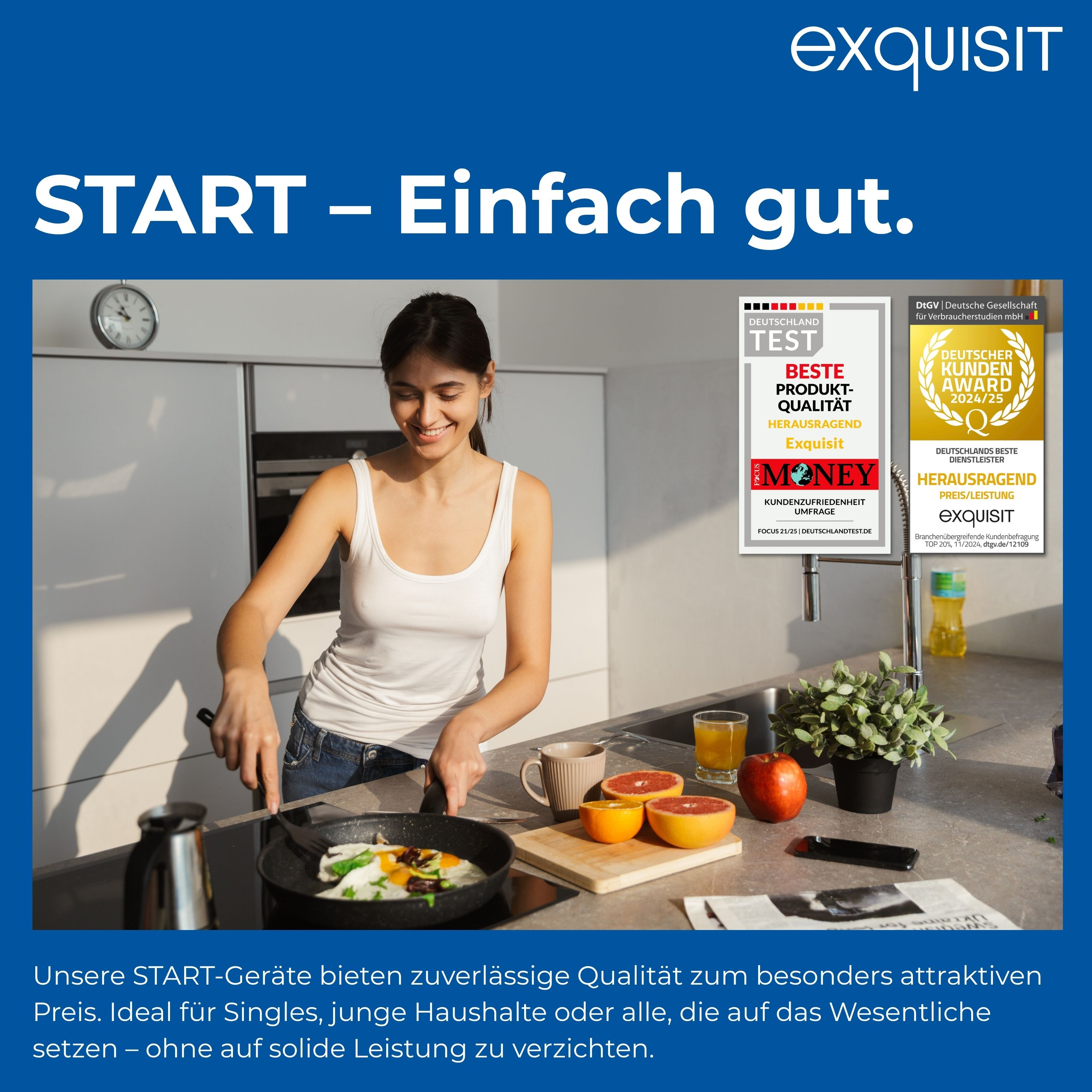 Frau kocht Eier. Küchenszene mit Obst, Auszeichnungen und Text. Exquisit-Logo oben.