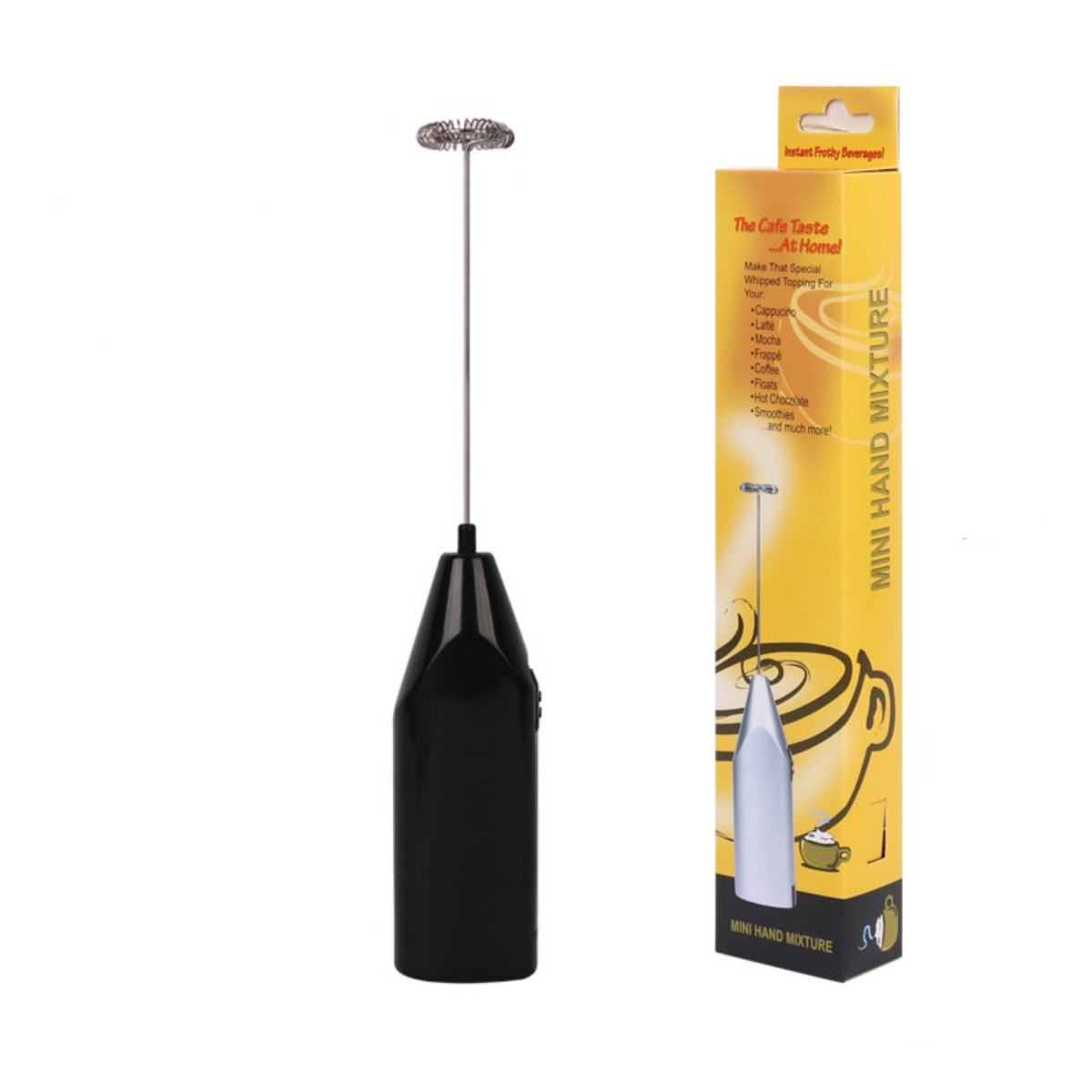 Ein schwarzer Handmixer mit einem silbernen Schneebesen steht vor einer gelben Schachtel mit Text und einem Bild des Mixers.