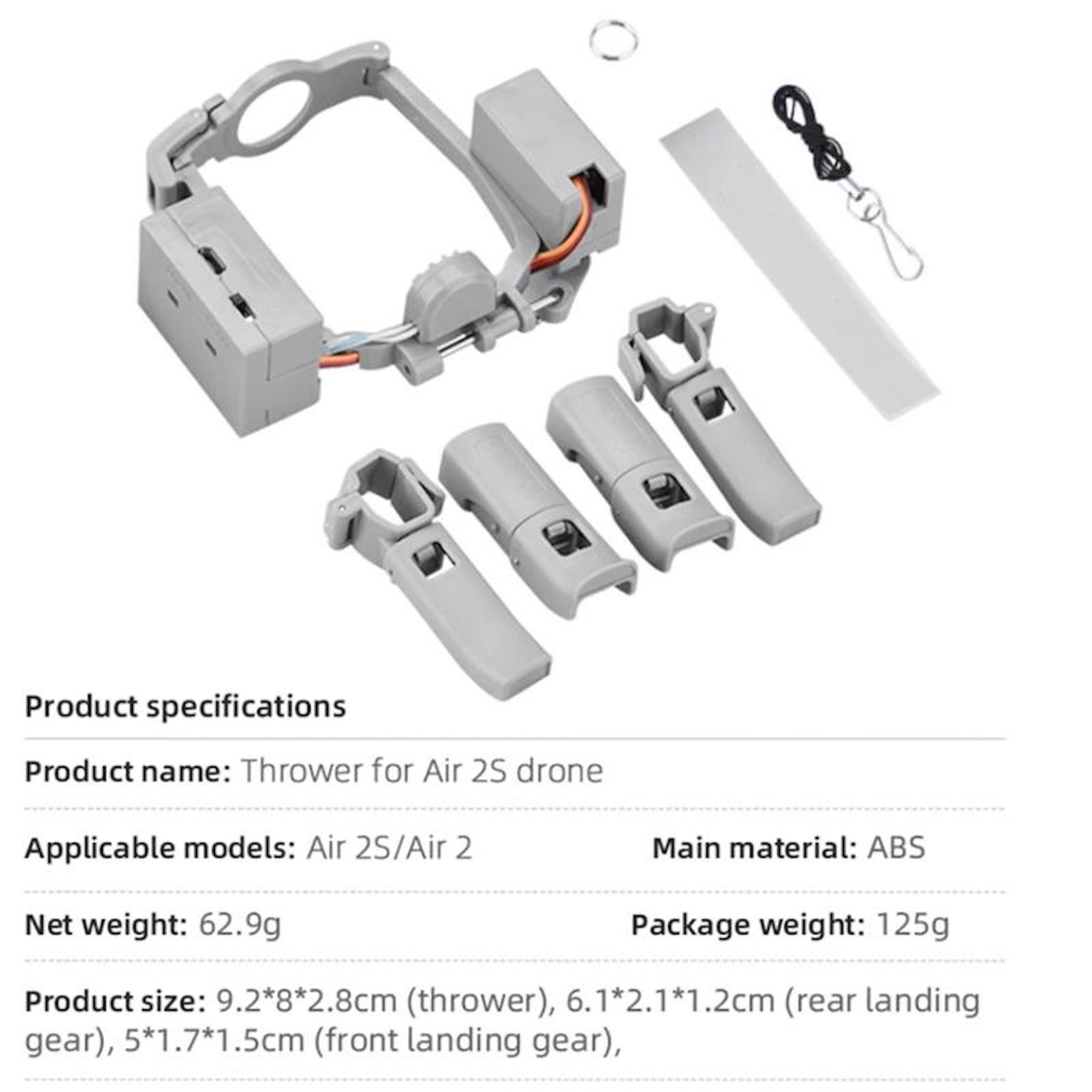 Graues Drohnenzubehör-Set mit mehreren Teilen, darunter ein Werfer, Landegestelle und ein Schlüsselband, auf weißem Hintergrund.